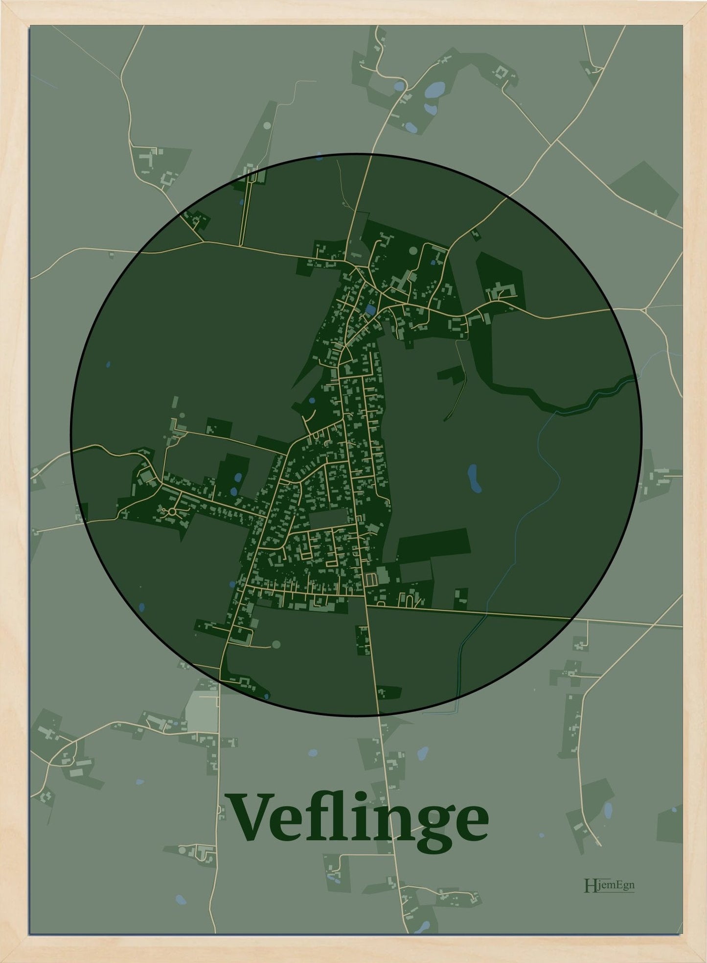 Veflinge plakat i farve mørk grøn og HjemEgn.dk design centrum. Design bykort for Veflinge