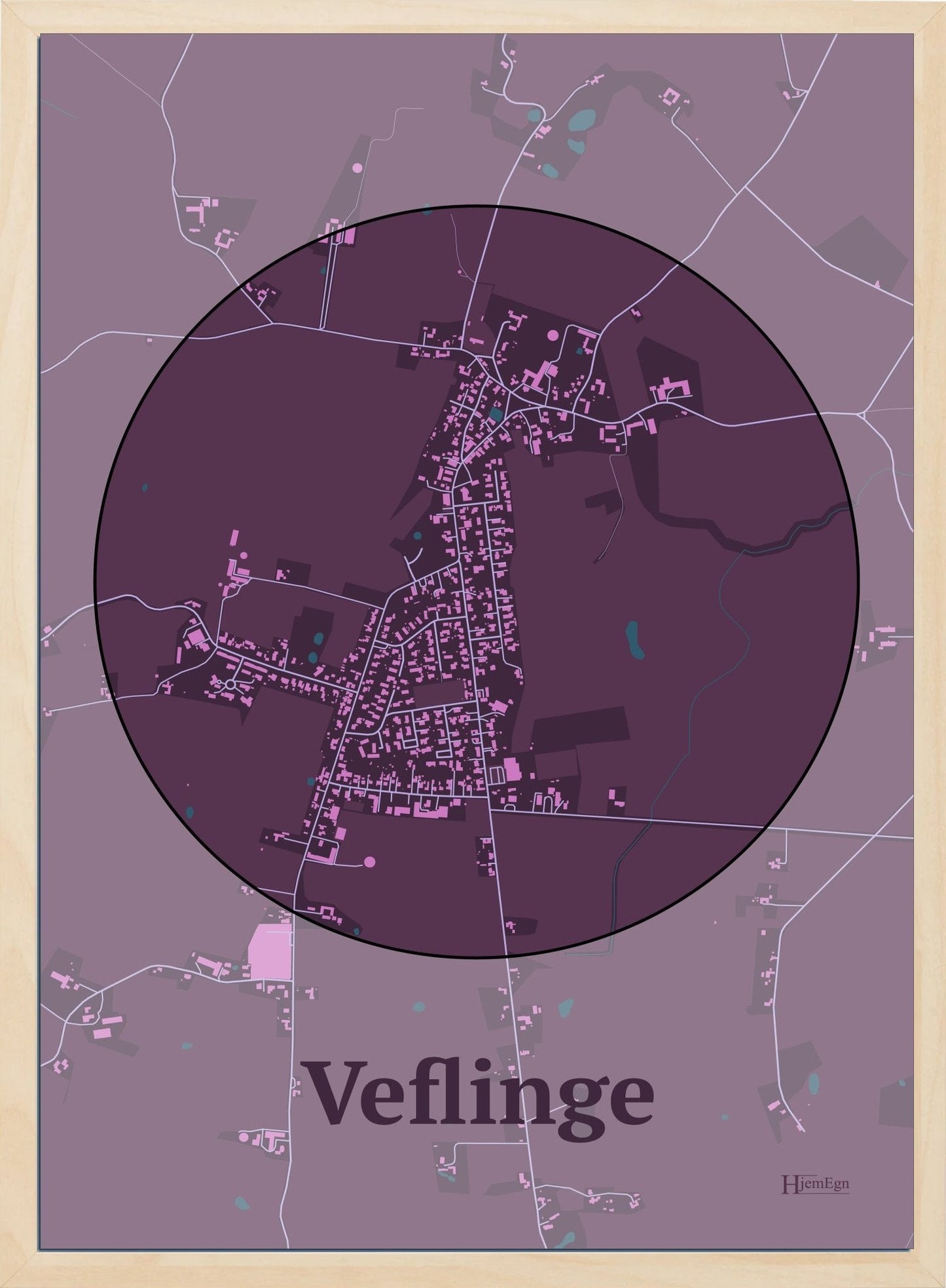Veflinge plakat i farve mørk rød og HjemEgn.dk design centrum. Design bykort for Veflinge