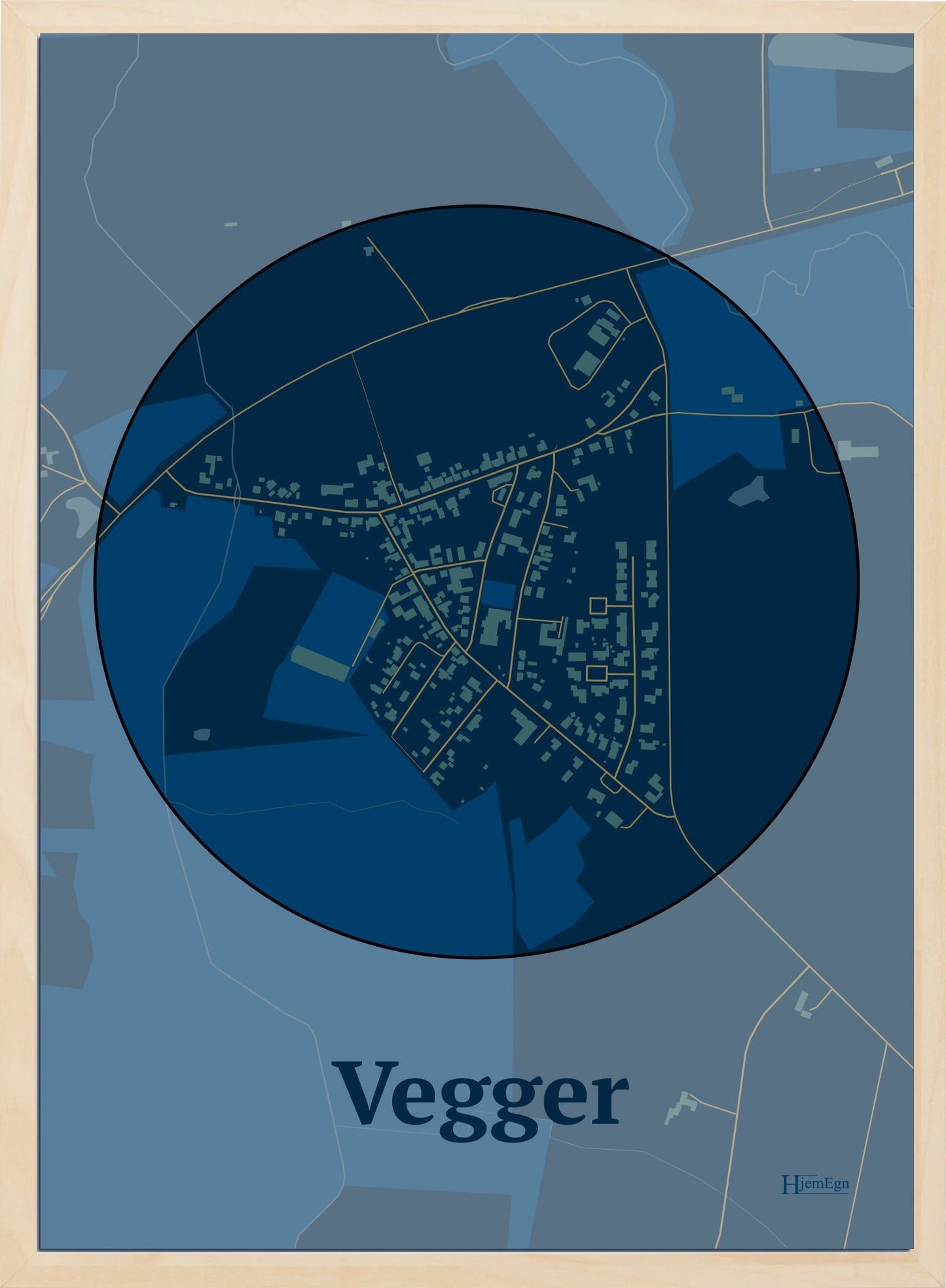 Vegger plakat i farve mørk blå og HjemEgn.dk design centrum. Design bykort for Vegger