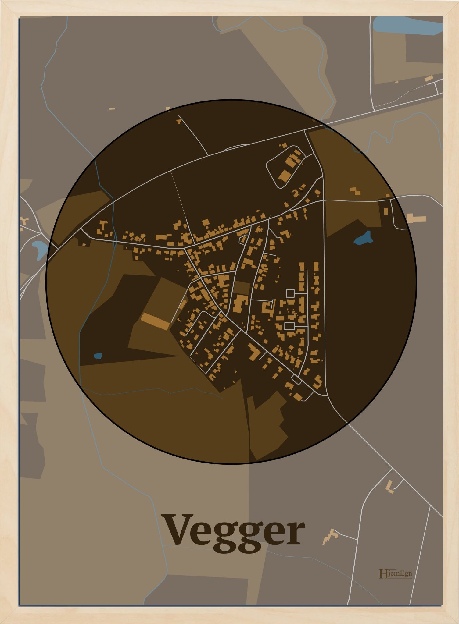 Vegger plakat i farve mørk brun og HjemEgn.dk design centrum. Design bykort for Vegger