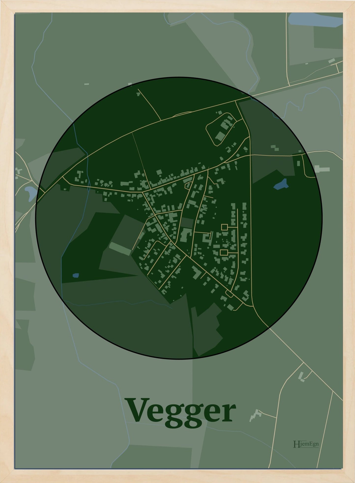 Vegger plakat i farve mørk grøn og HjemEgn.dk design centrum. Design bykort for Vegger