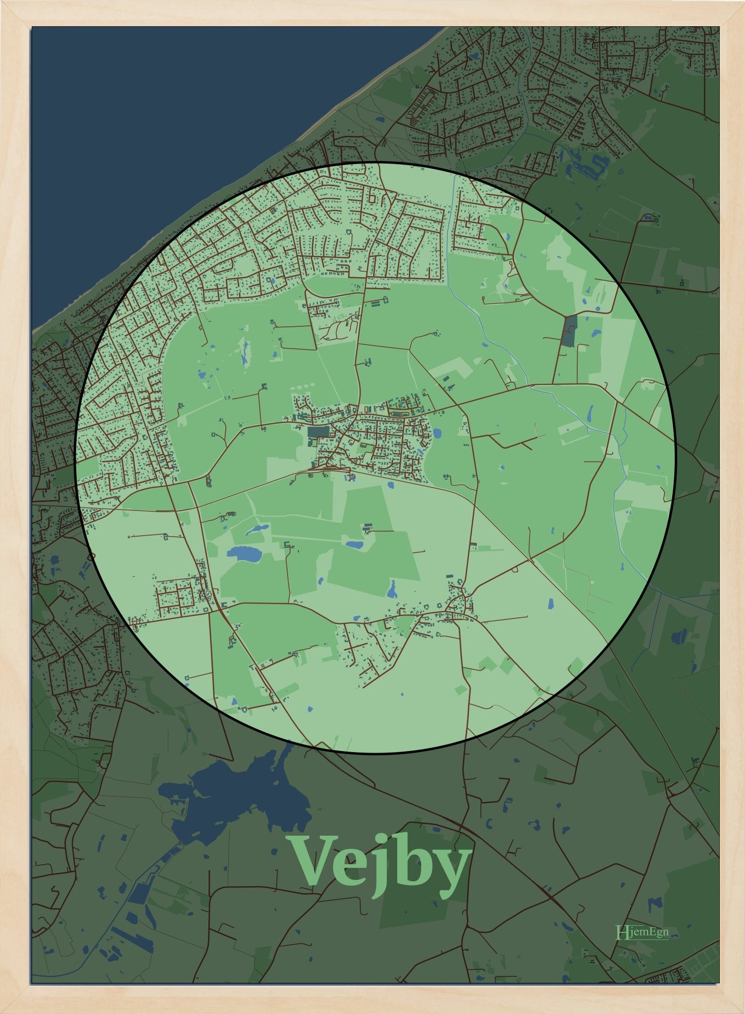 Vejby plakat i farve pastel grøn og HjemEgn.dk design centrum. Design bykort for Vejby