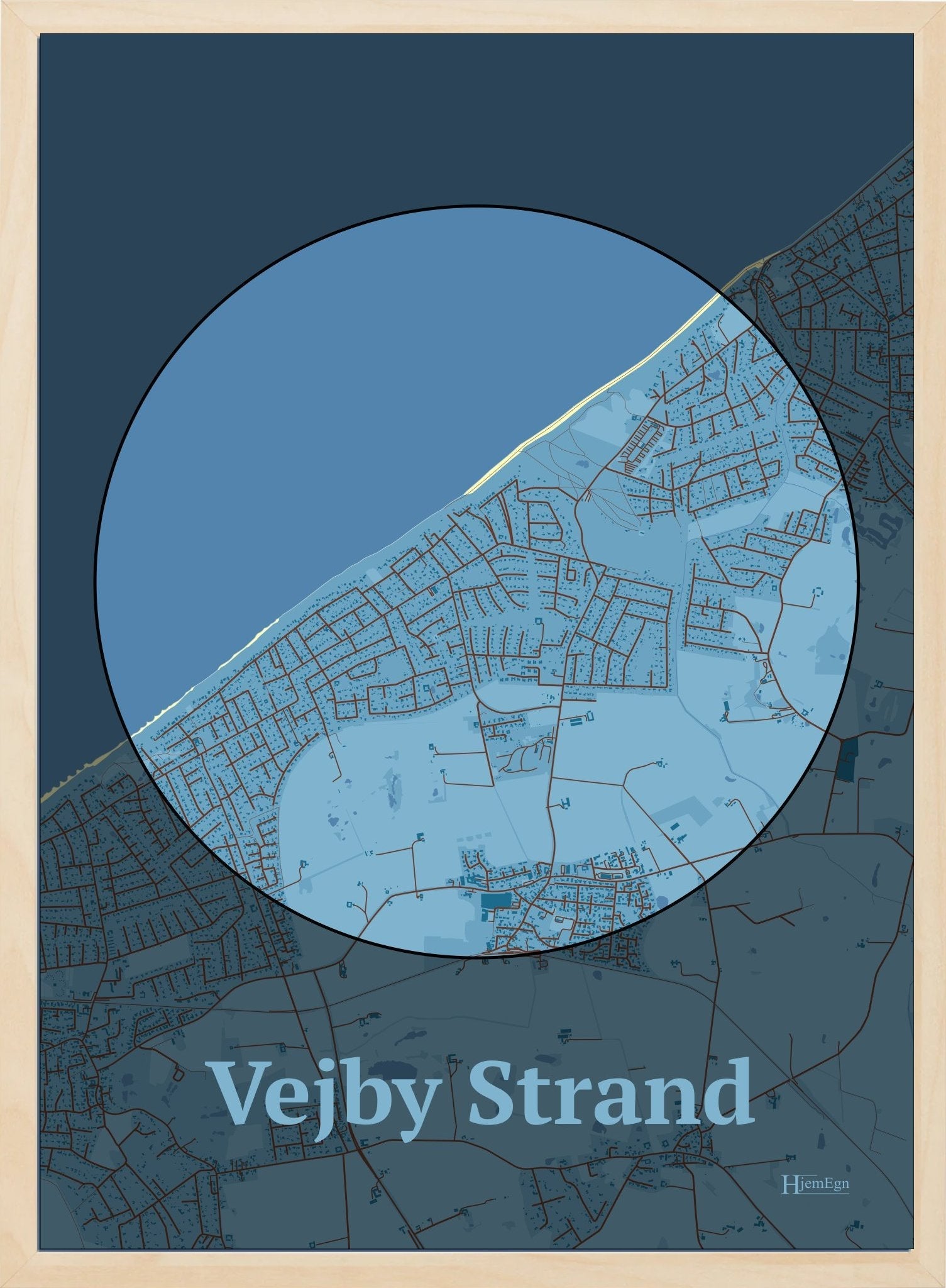 Vejby Strand plakat i farve pastel blå og HjemEgn.dk design centrum. Design bykort for Vejby Strand