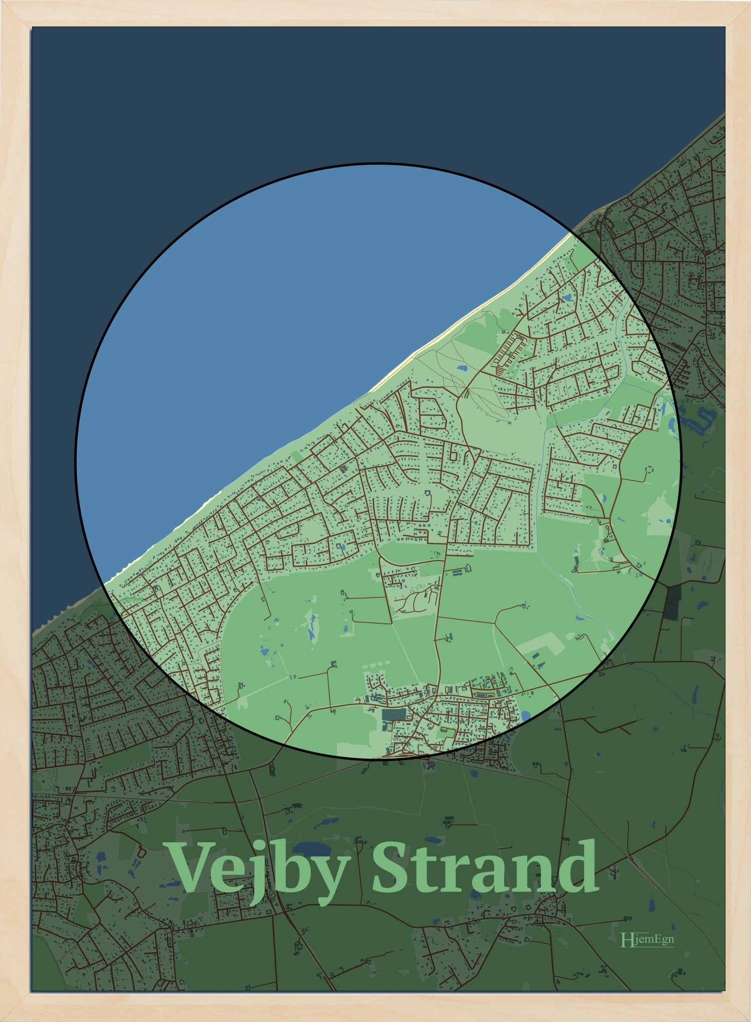 Vejby Strand plakat i farve pastel grøn og HjemEgn.dk design centrum. Design bykort for Vejby Strand