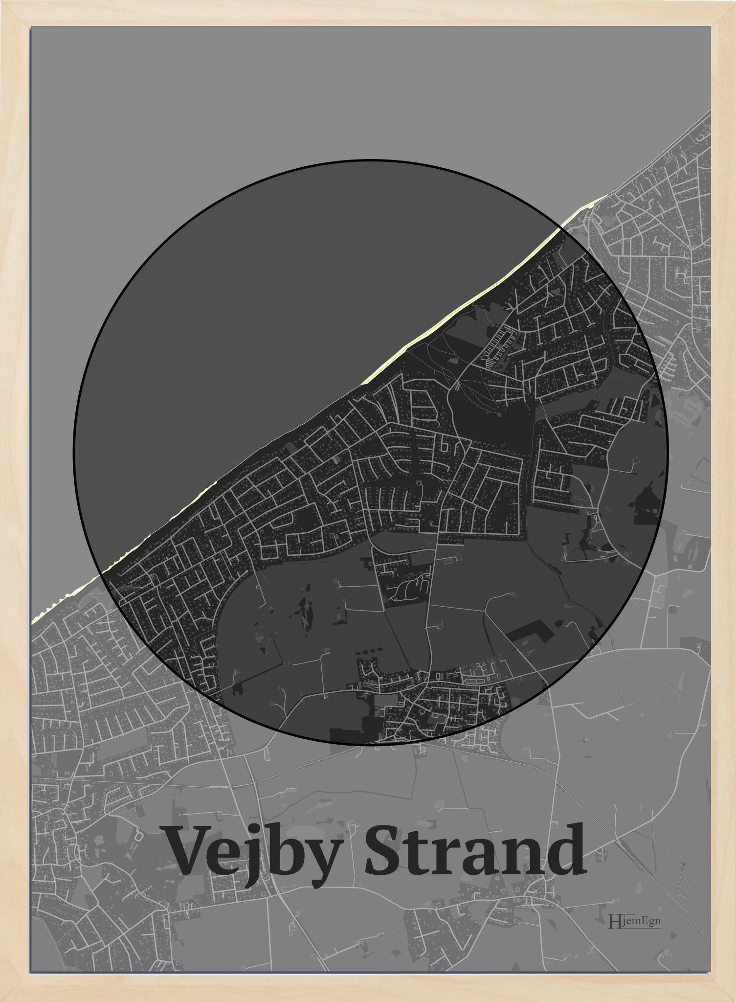 Vejby Strand plakat i farve mørk grå og HjemEgn.dk design centrum. Design bykort for Vejby Strand