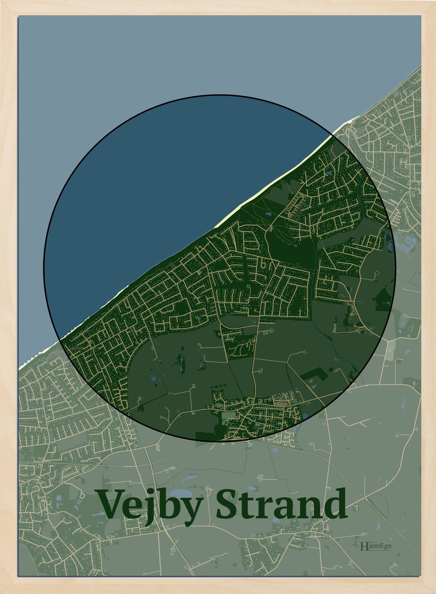 Vejby Strand plakat i farve mørk grøn og HjemEgn.dk design centrum. Design bykort for Vejby Strand