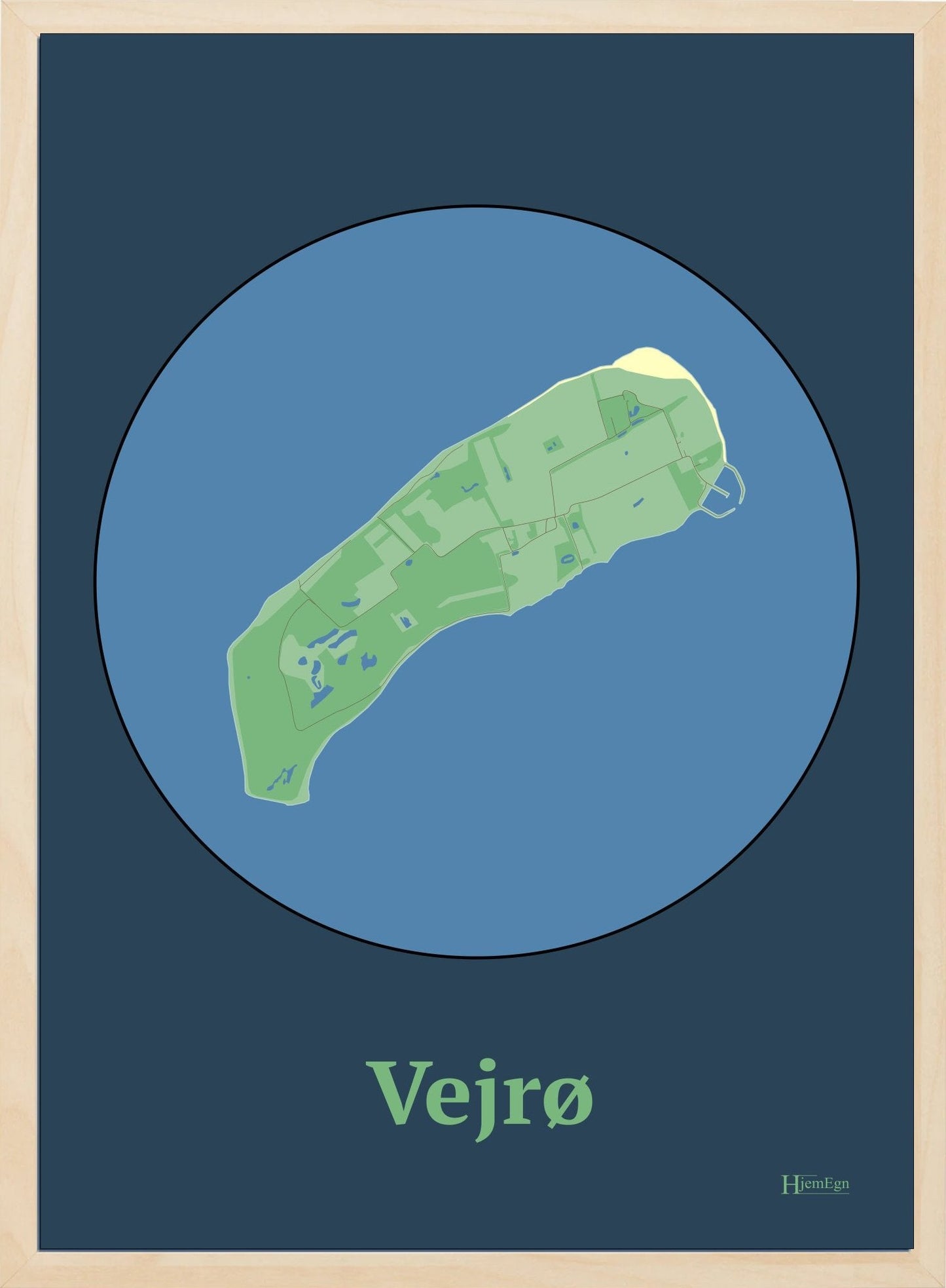 Vejrø plakat i farve pastel grøn og HjemEgn.dk design centrum. Design ø-kort for Vejrø
