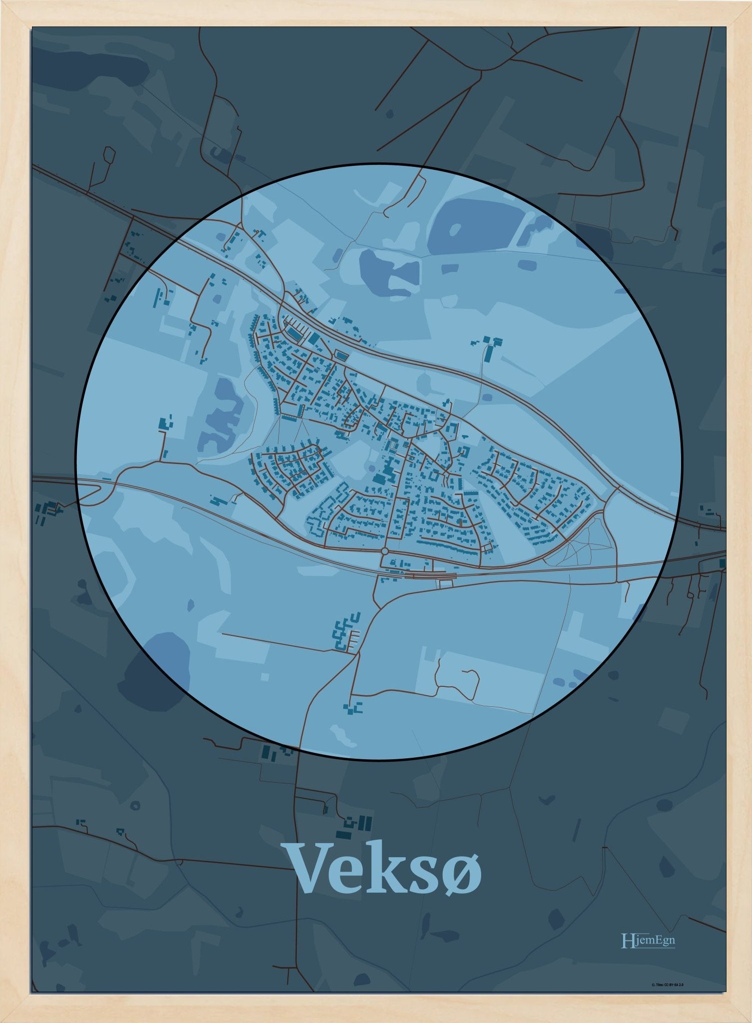 Veksø plakat i farve pastel blå og HjemEgn.dk design centrum. Design bykort for Veksø