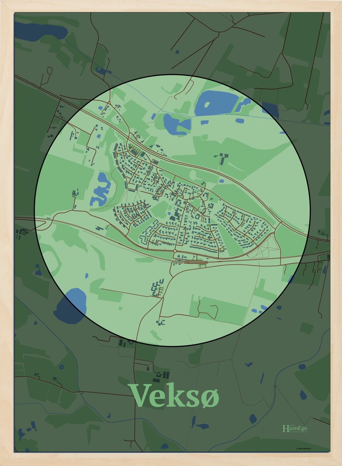 Veksø plakat i farve pastel grøn og HjemEgn.dk design centrum. Design bykort for Veksø