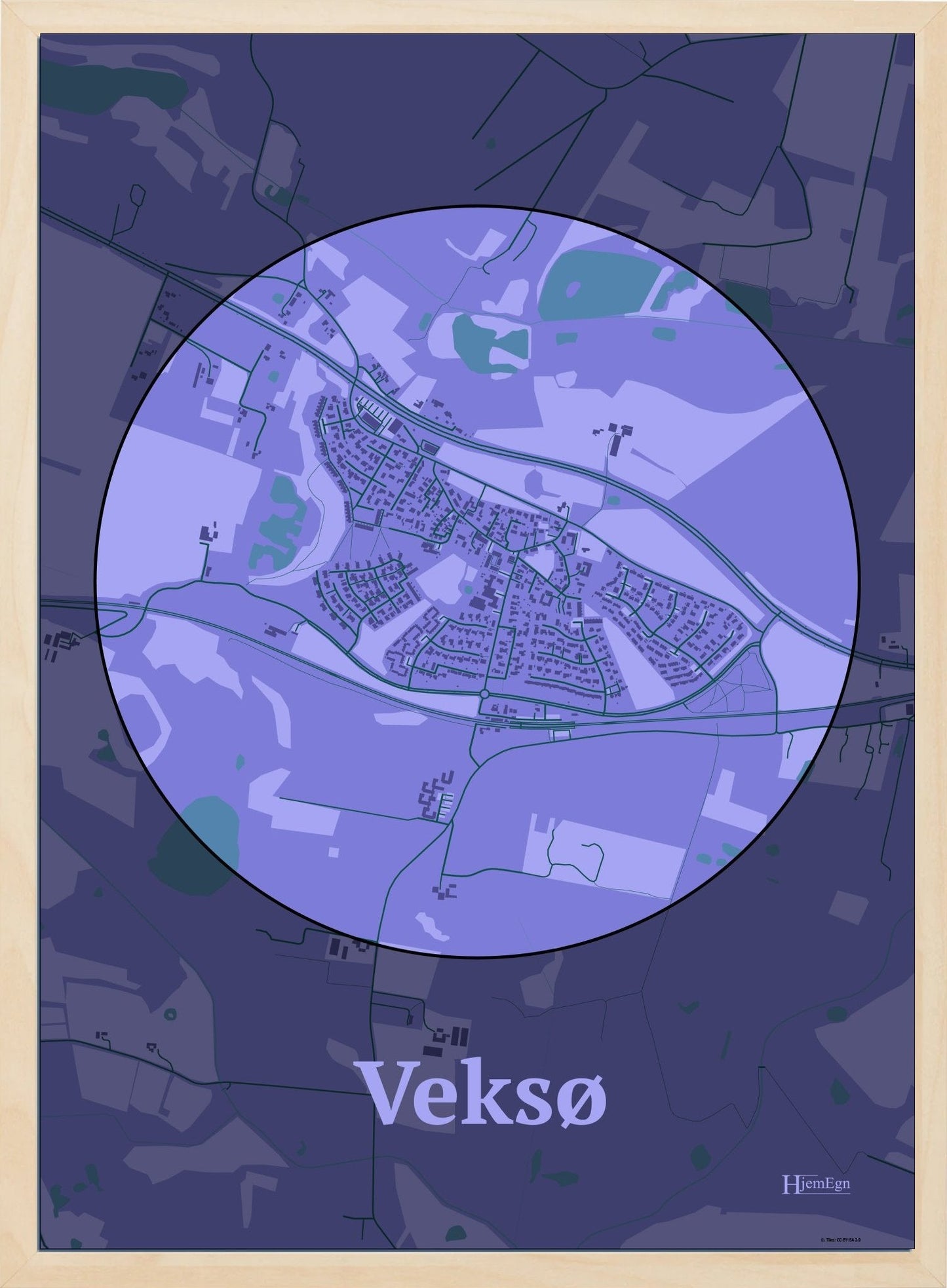 Veksø plakat i farve pastel lilla og HjemEgn.dk design centrum. Design bykort for Veksø