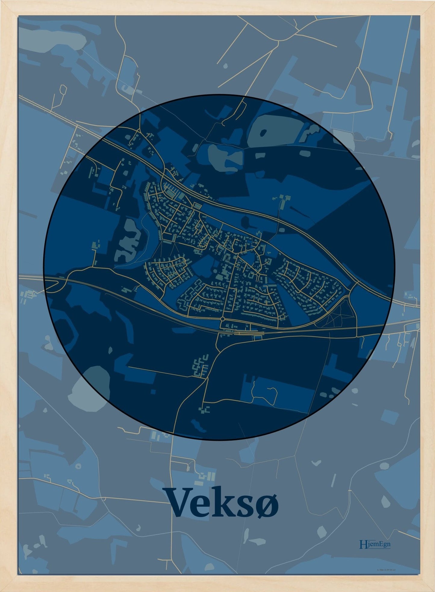 Veksø plakat i farve mørk blå og HjemEgn.dk design centrum. Design bykort for Veksø