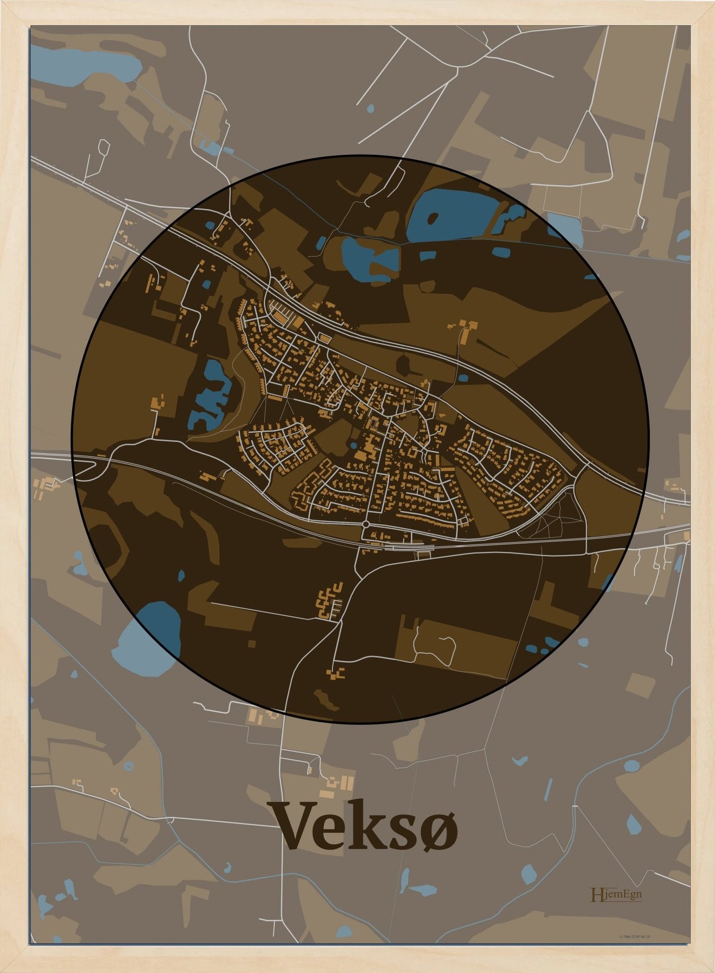 Veksø plakat i farve mørk brun og HjemEgn.dk design centrum. Design bykort for Veksø