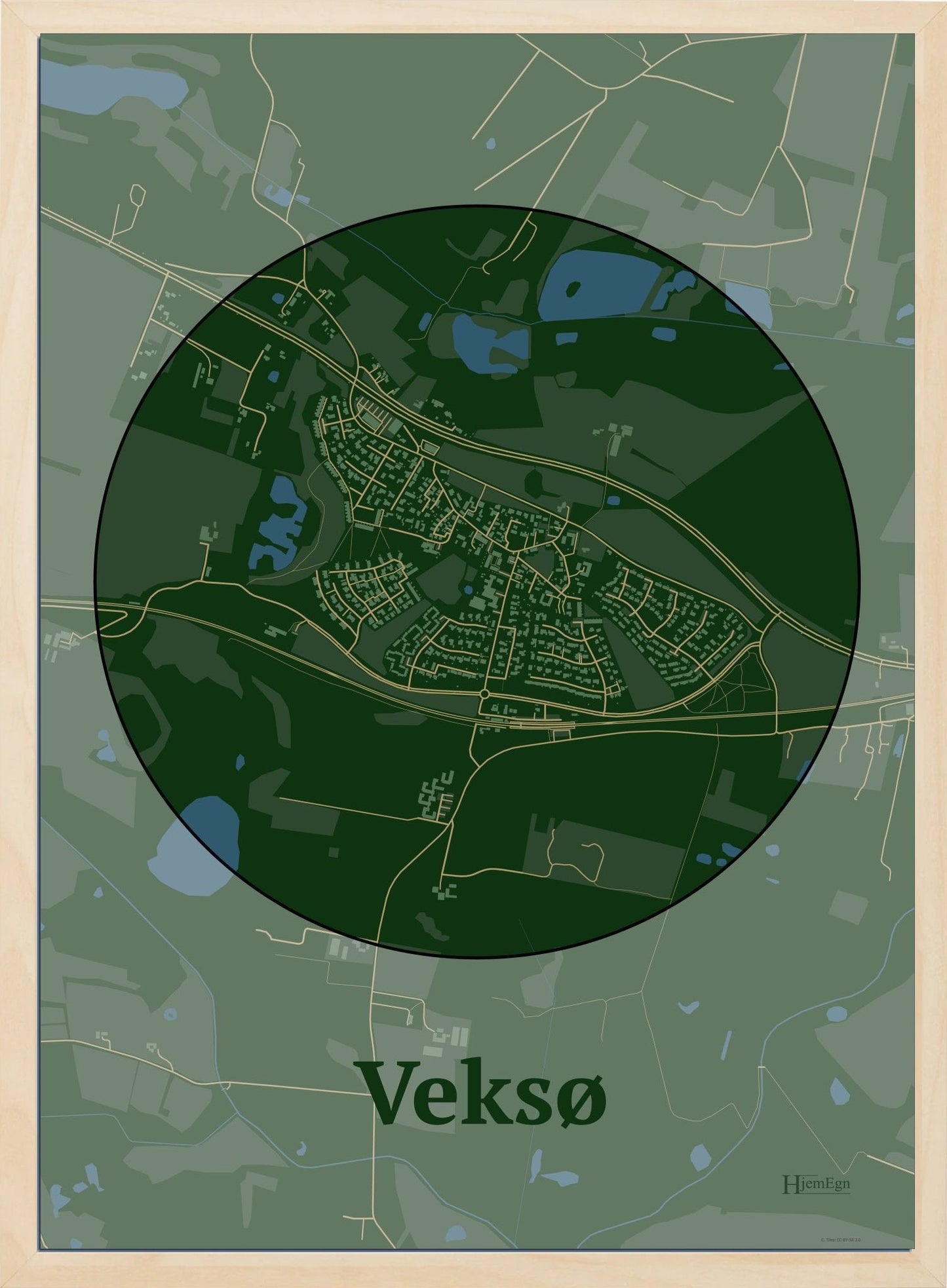 Veksø plakat i farve mørk grøn og HjemEgn.dk design centrum. Design bykort for Veksø