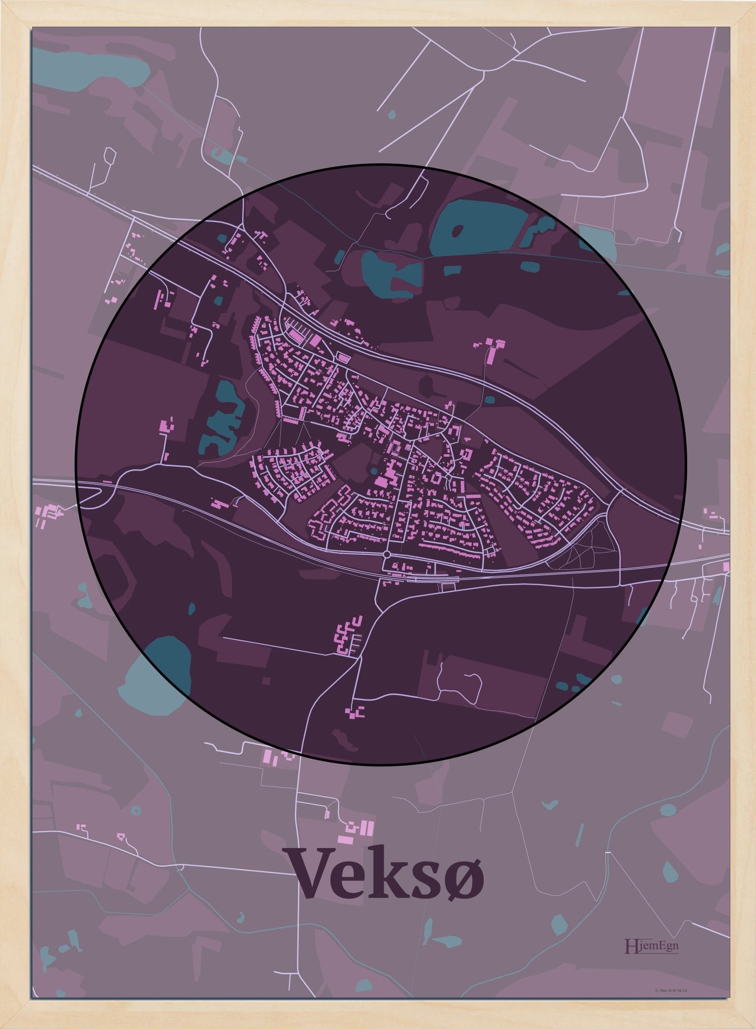 Veksø plakat i farve mørk rød og HjemEgn.dk design centrum. Design bykort for Veksø