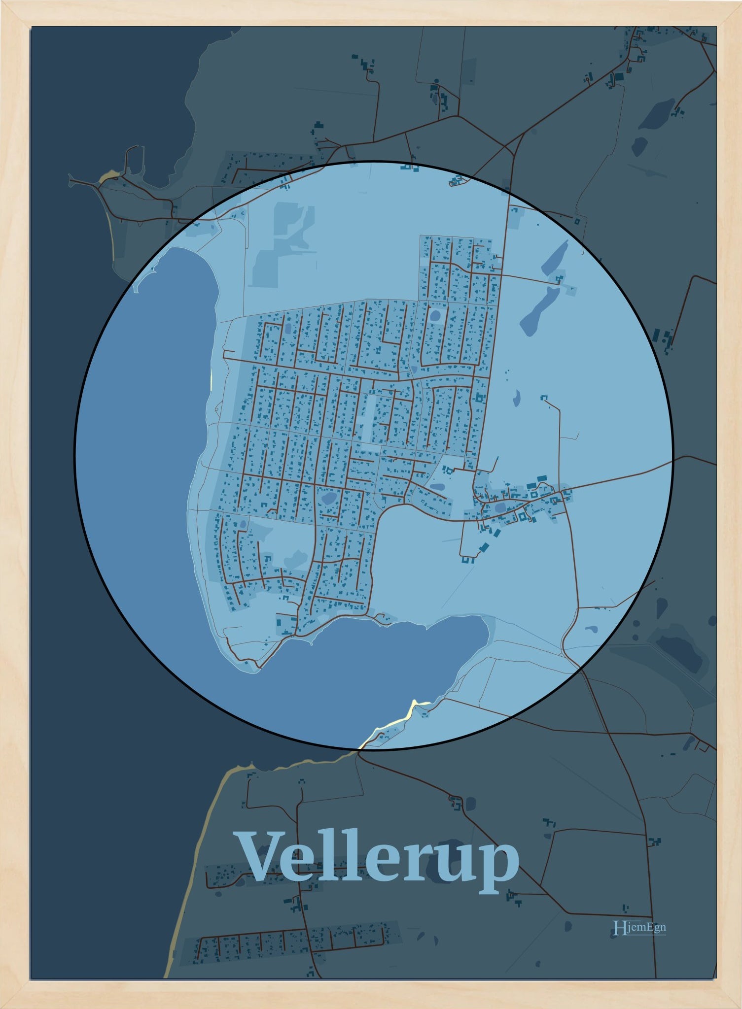 Vellerup plakat i farve pastel blå og HjemEgn.dk design centrum. Design bykort for Vellerup