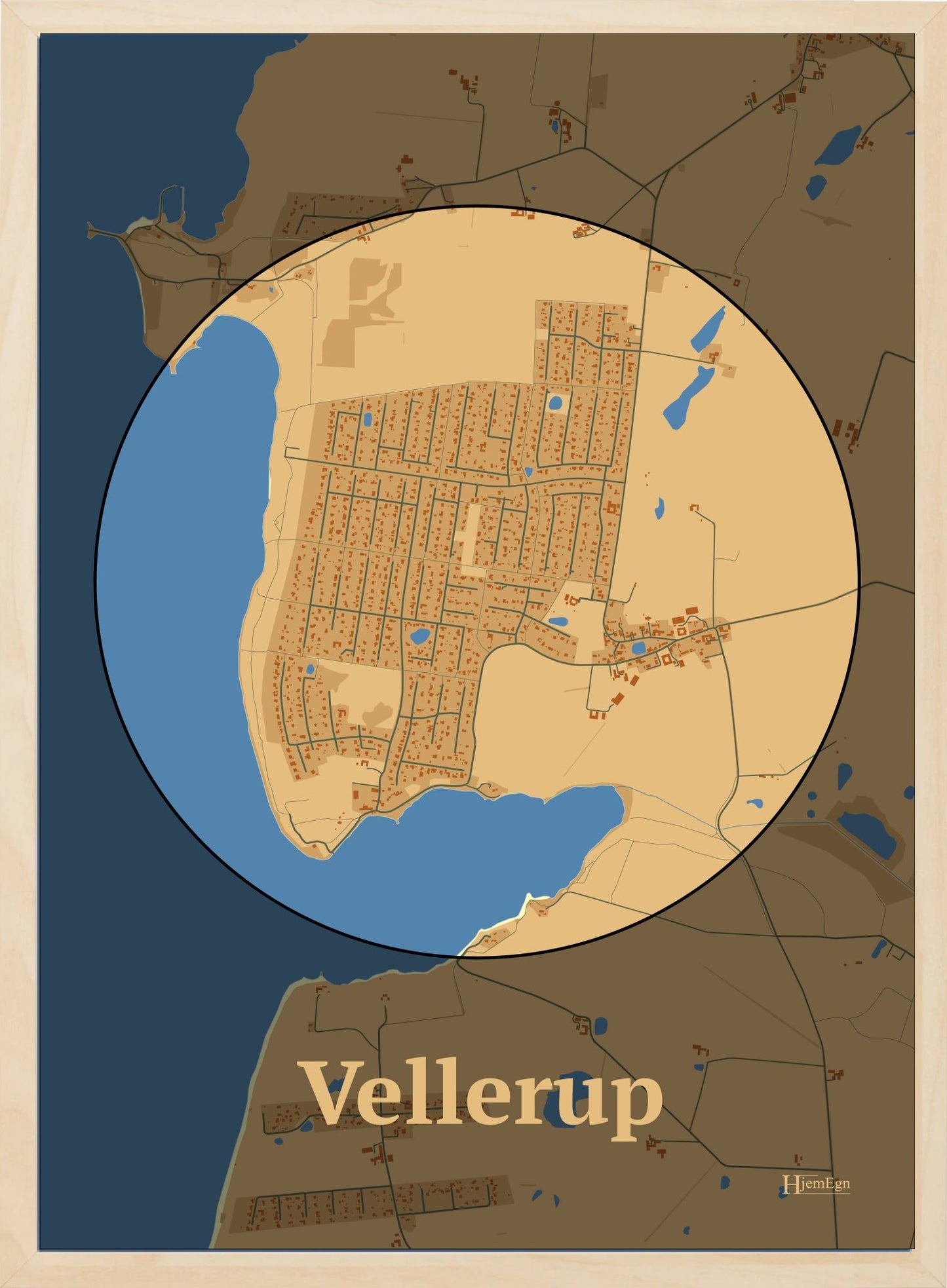 Vellerup plakat i farve pastel brun og HjemEgn.dk design centrum. Design bykort for Vellerup