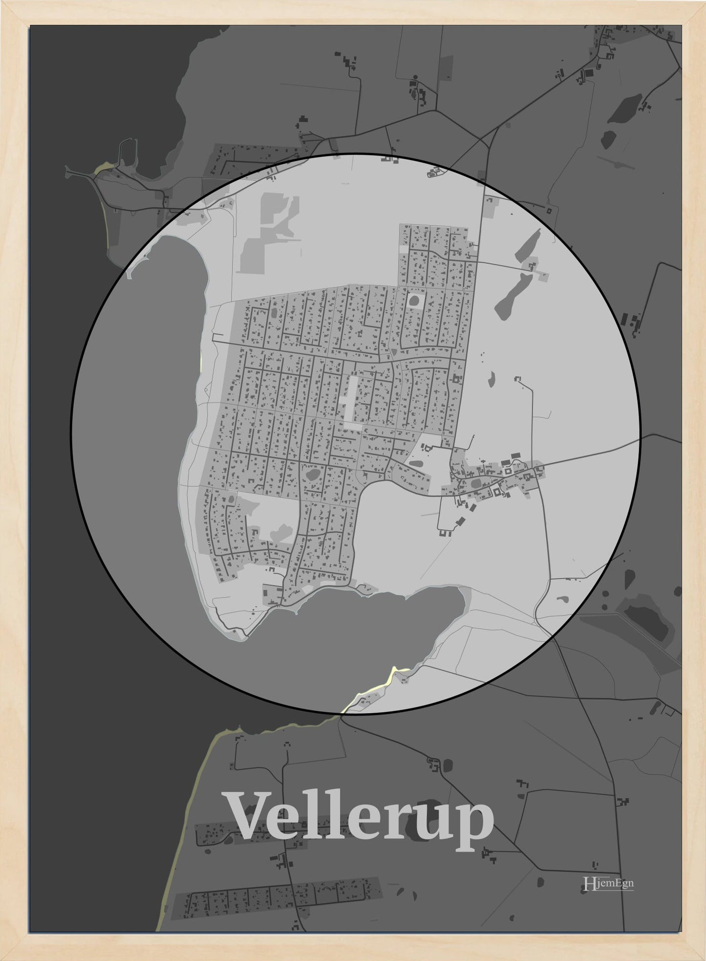 Vellerup plakat i farve pastel grå og HjemEgn.dk design centrum. Design bykort for Vellerup
