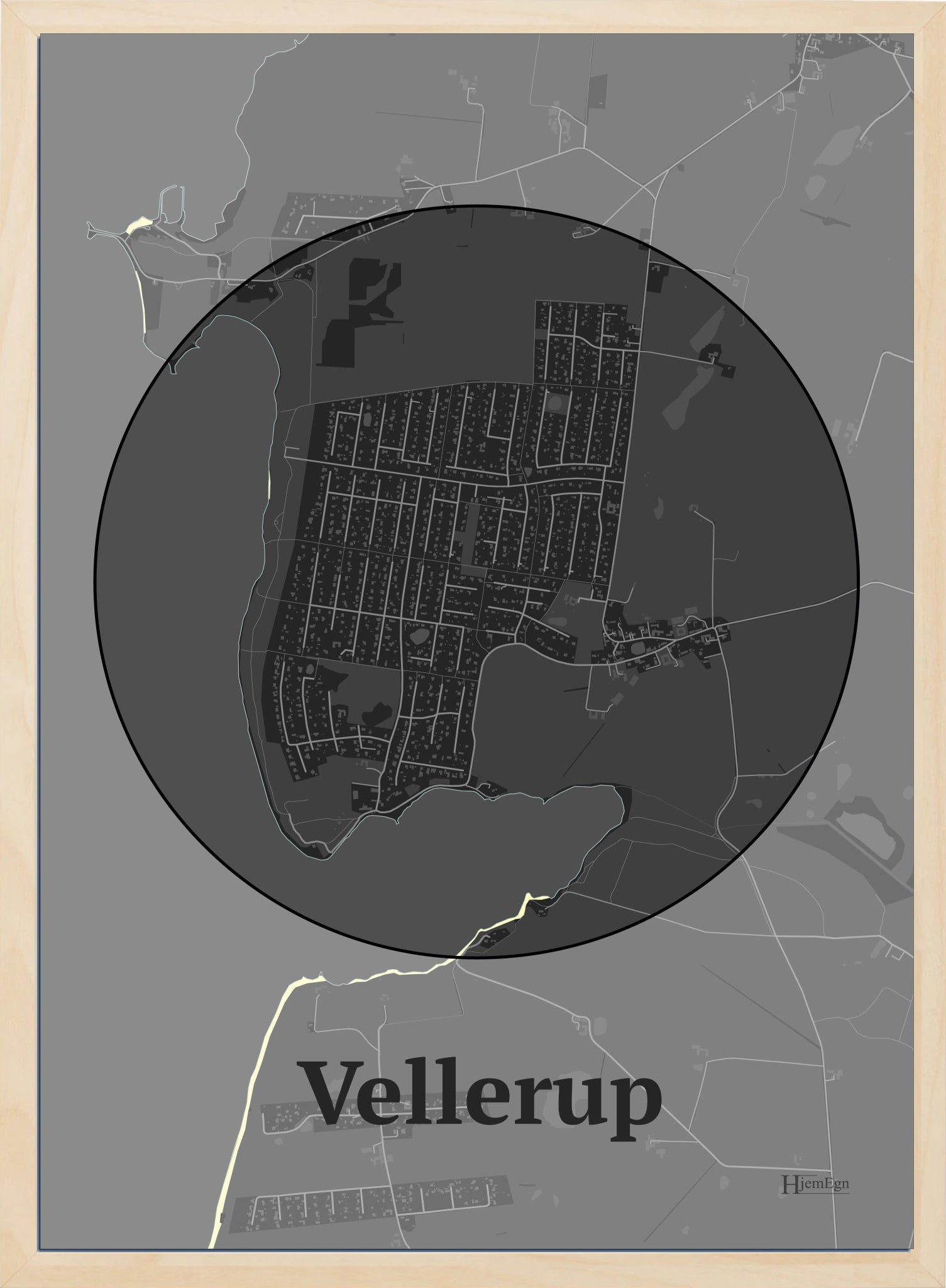 Vellerup plakat i farve mørk grå og HjemEgn.dk design centrum. Design bykort for Vellerup