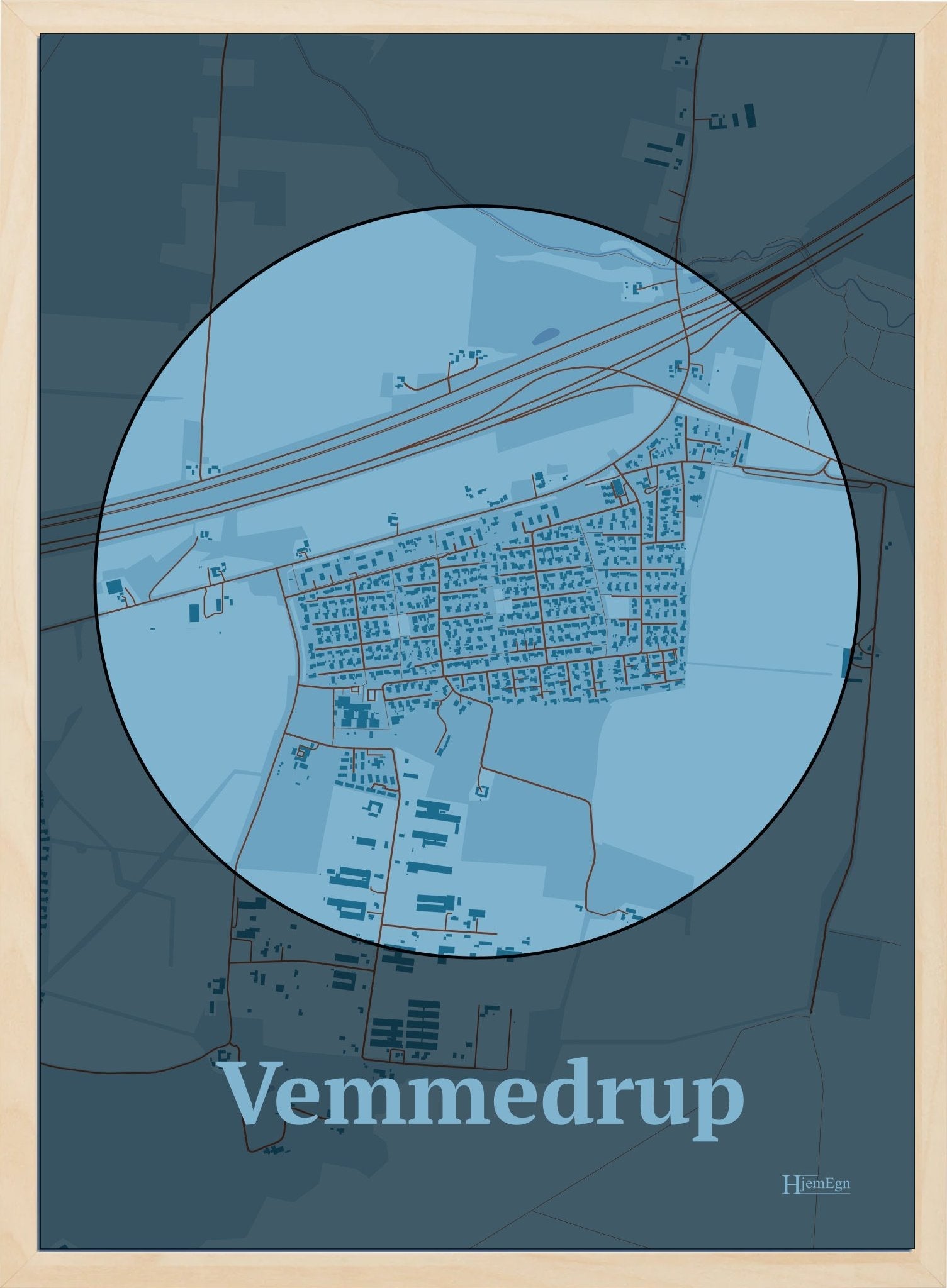 Vemmedrup plakat i farve pastel blå og HjemEgn.dk design centrum. Design bykort for Vemmedrup