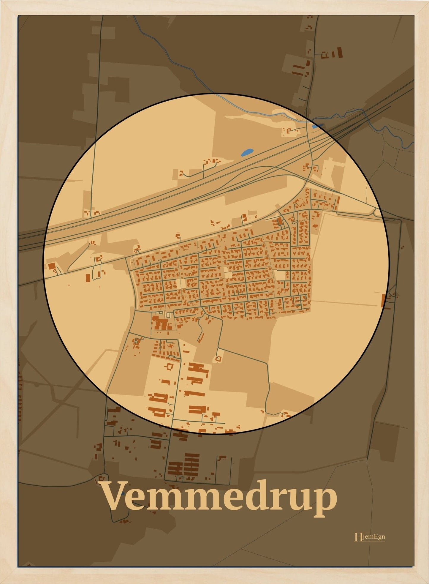 Vemmedrup plakat i farve pastel brun og HjemEgn.dk design centrum. Design bykort for Vemmedrup