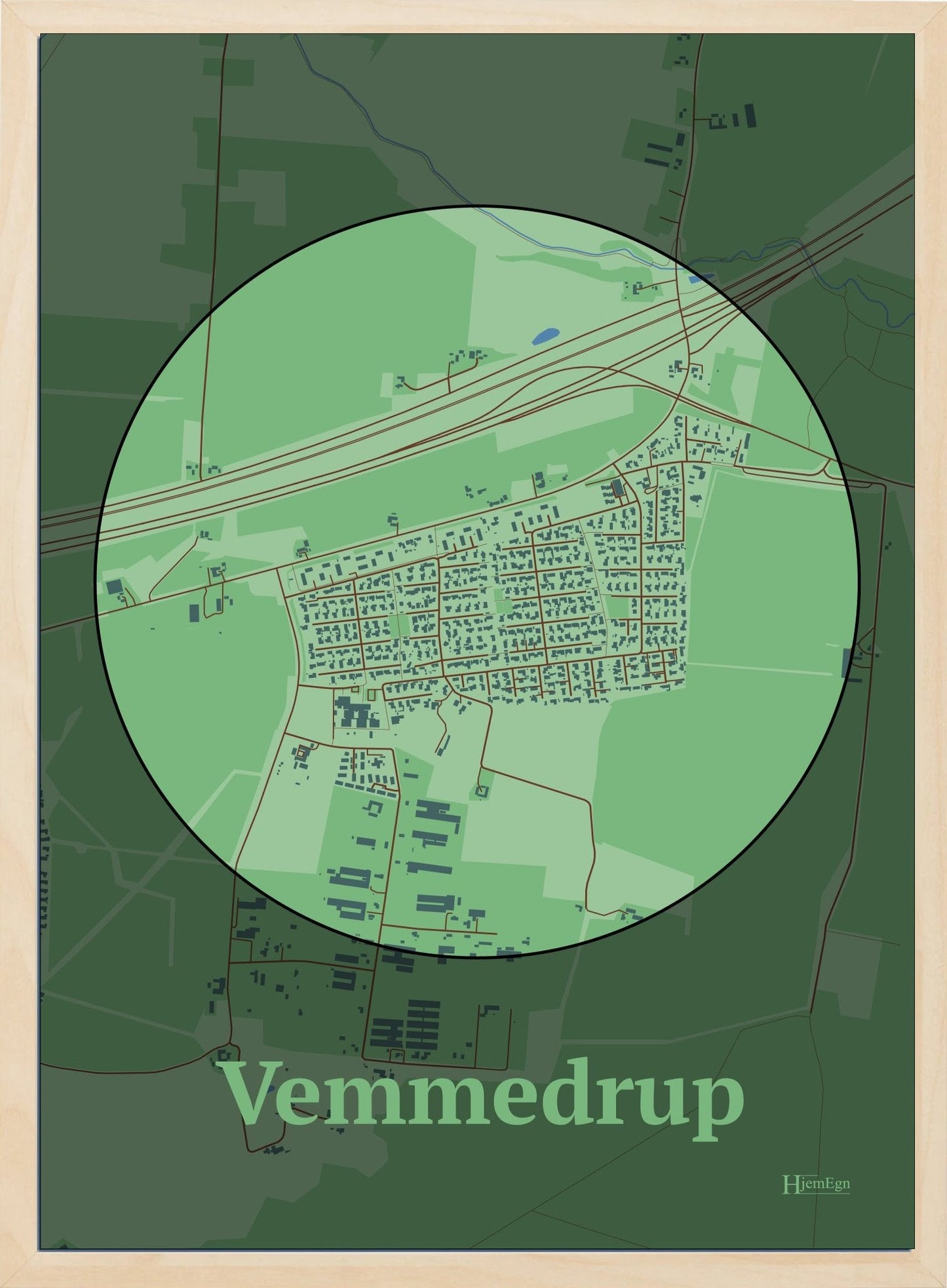 Vemmedrup plakat i farve pastel grøn og HjemEgn.dk design centrum. Design bykort for Vemmedrup