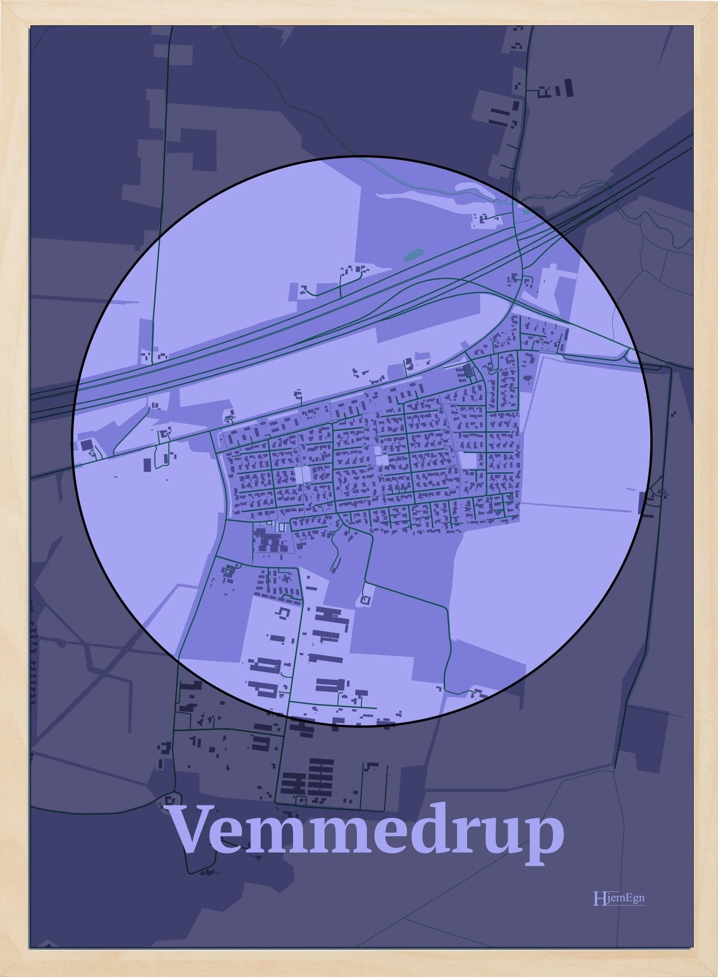 Vemmedrup plakat i farve pastel lilla og HjemEgn.dk design centrum. Design bykort for Vemmedrup
