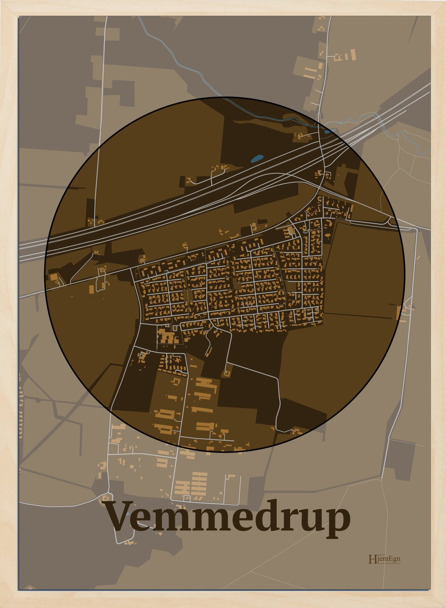 Vemmedrup plakat i farve mørk brun og HjemEgn.dk design centrum. Design bykort for Vemmedrup