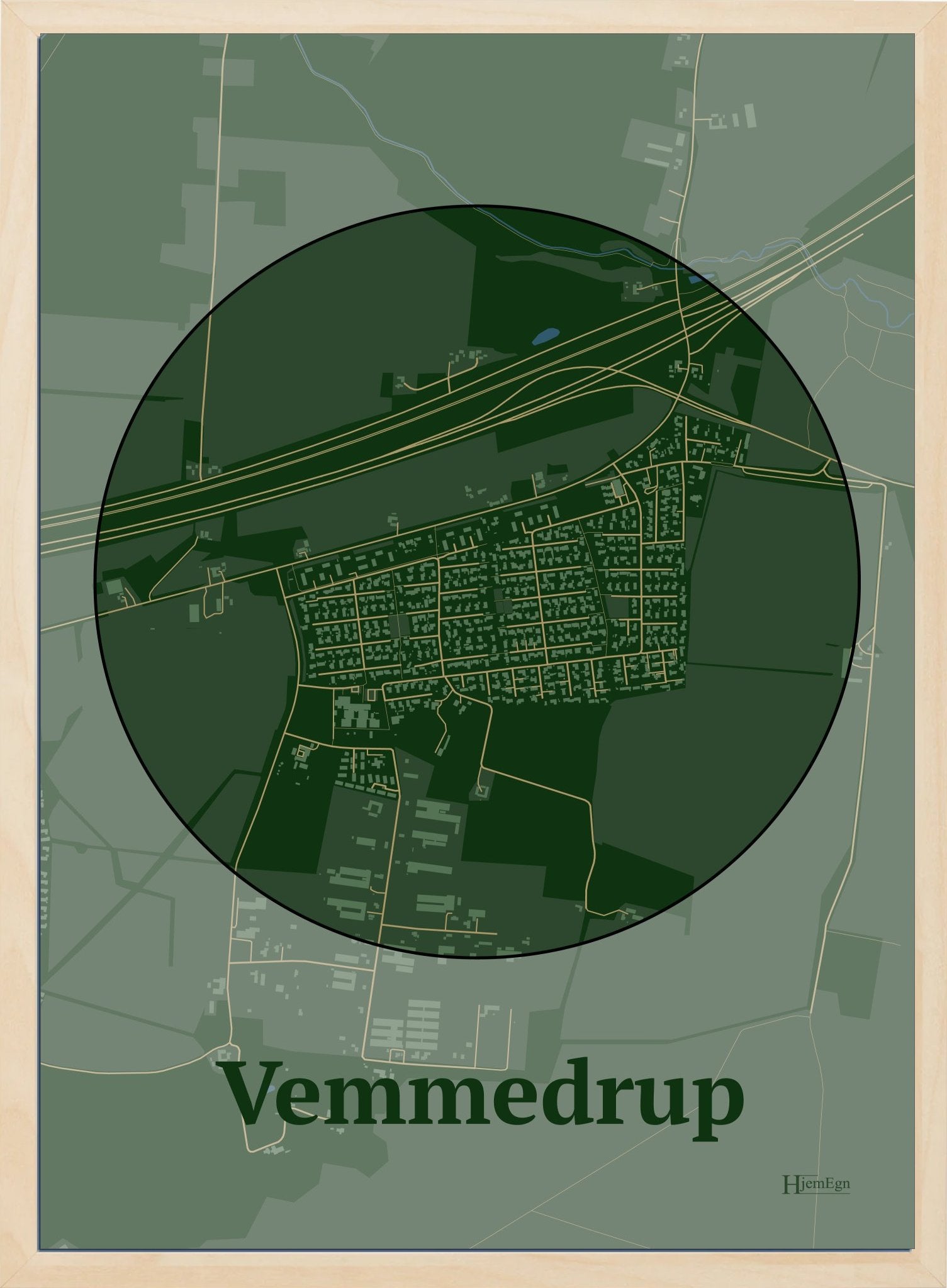 Vemmedrup plakat i farve mørk grøn og HjemEgn.dk design centrum. Design bykort for Vemmedrup