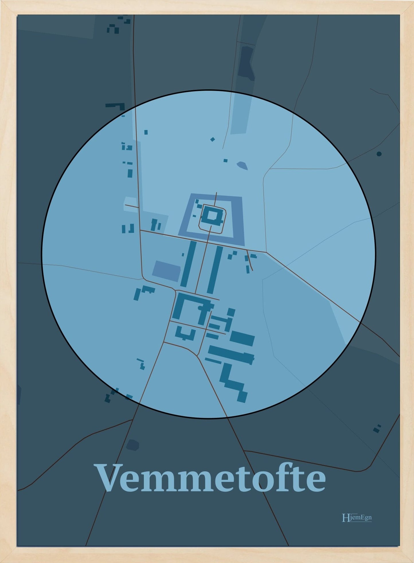 Vemmetofte plakat i farve pastel blå og HjemEgn.dk design centrum. Design bykort for Vemmetofte