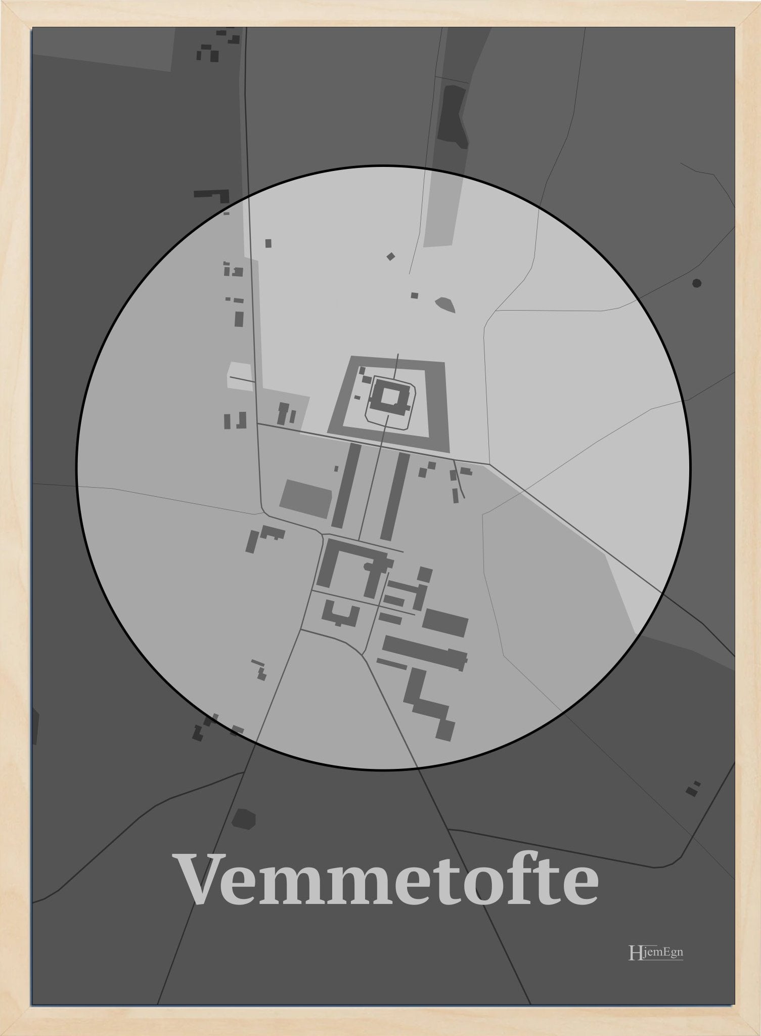 Vemmetofte plakat i farve pastel grå og HjemEgn.dk design centrum. Design bykort for Vemmetofte