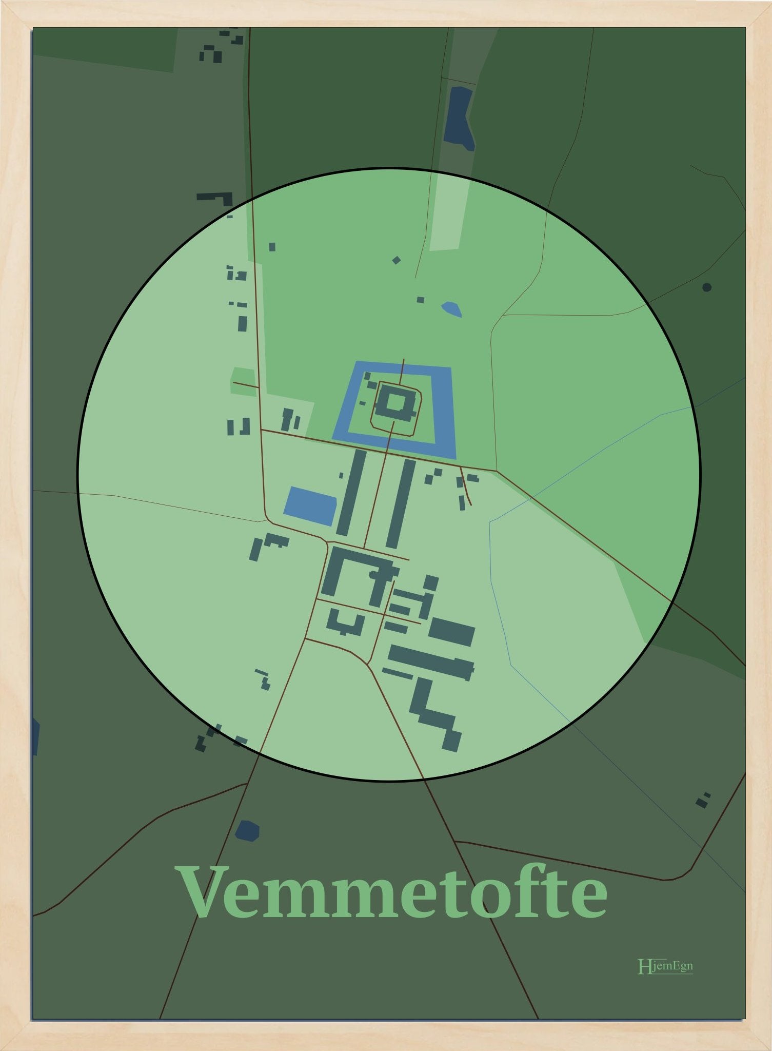 Vemmetofte plakat i farve pastel grøn og HjemEgn.dk design centrum. Design bykort for Vemmetofte
