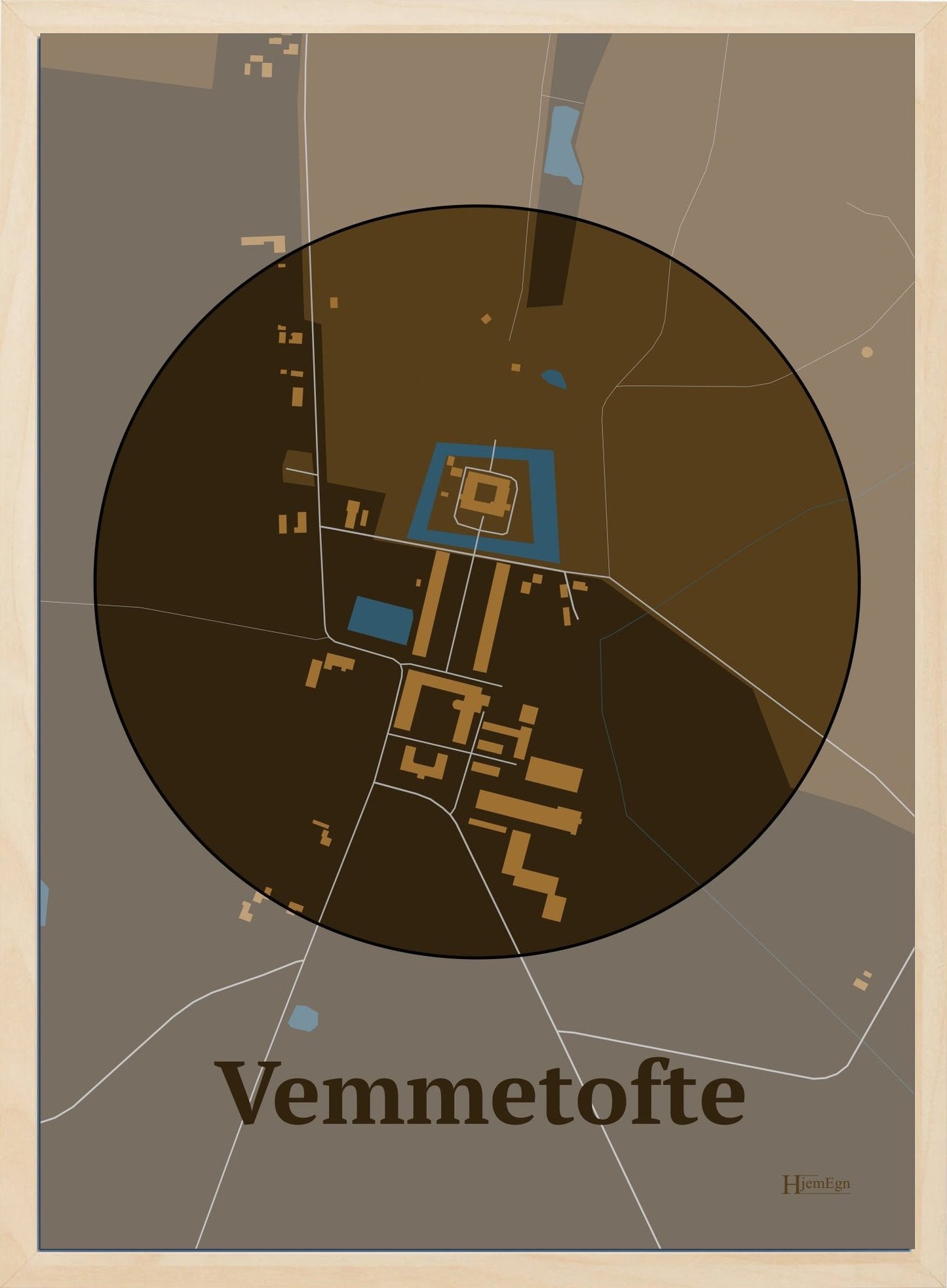 Vemmetofte plakat i farve mørk brun og HjemEgn.dk design centrum. Design bykort for Vemmetofte