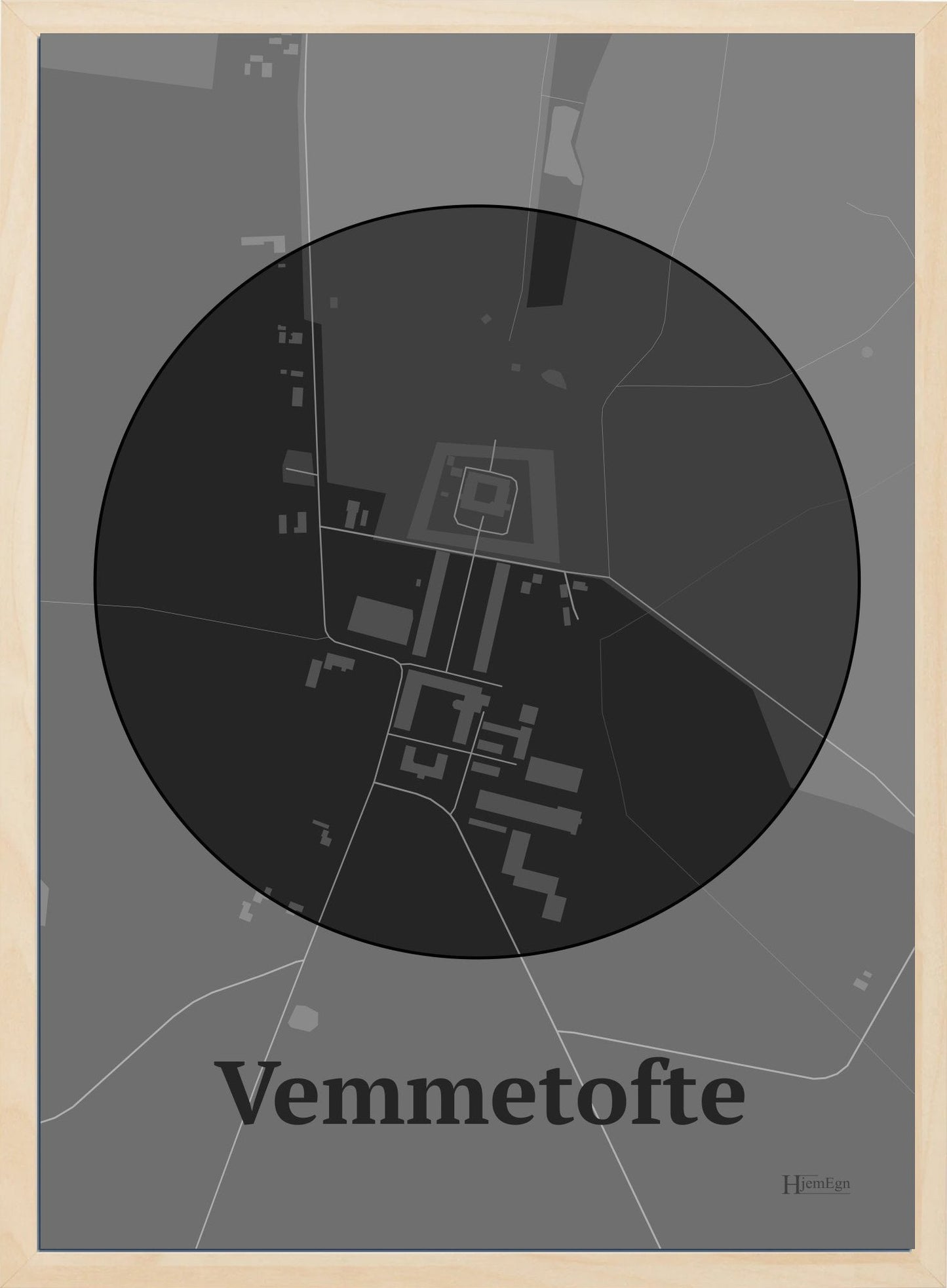 Vemmetofte plakat i farve mørk grå og HjemEgn.dk design centrum. Design bykort for Vemmetofte