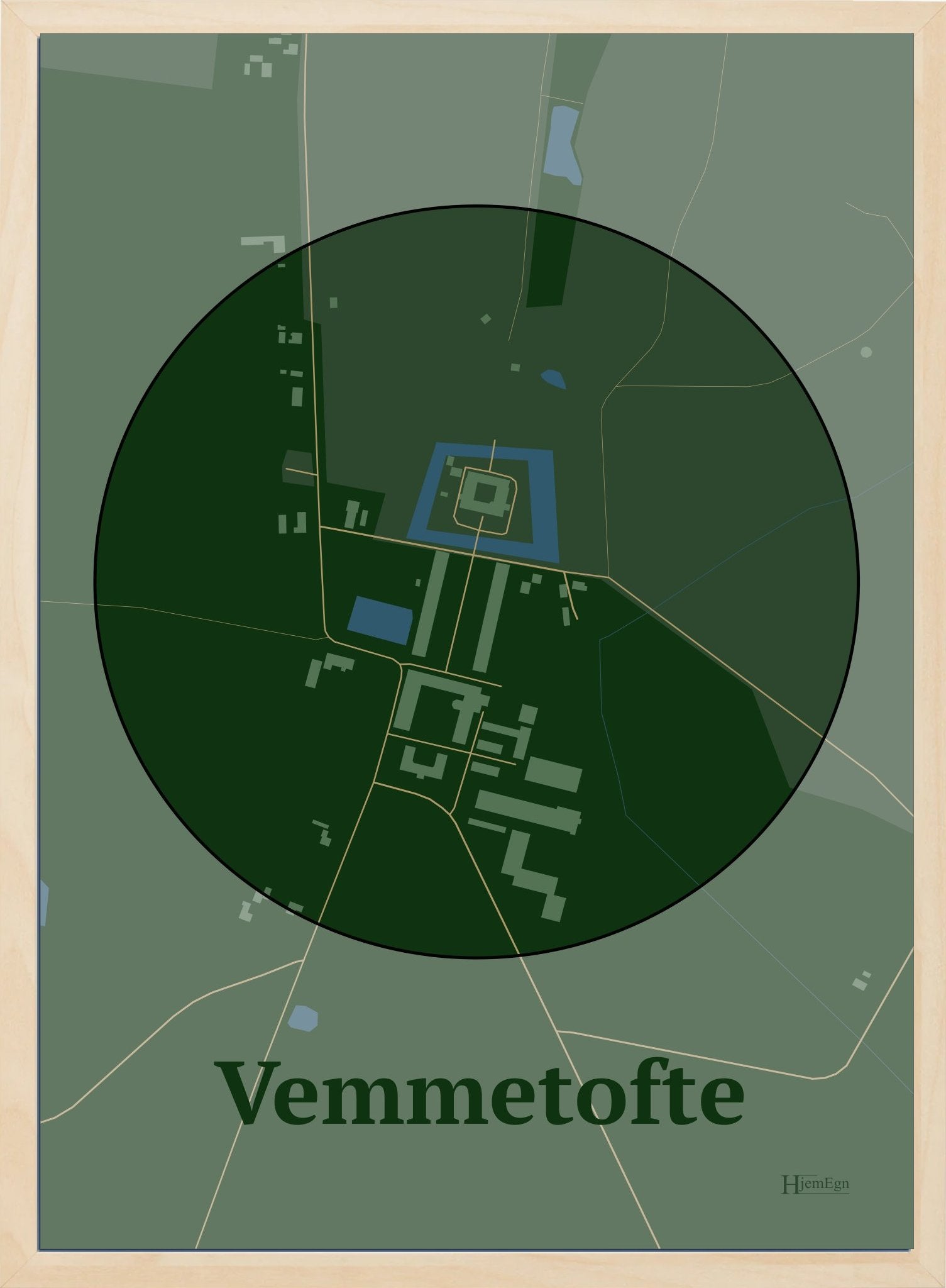 Vemmetofte plakat i farve mørk grøn og HjemEgn.dk design centrum. Design bykort for Vemmetofte