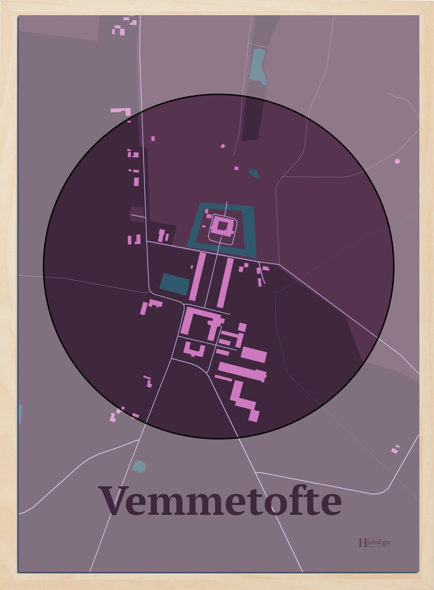 Vemmetofte plakat i farve mørk rød og HjemEgn.dk design centrum. Design bykort for Vemmetofte