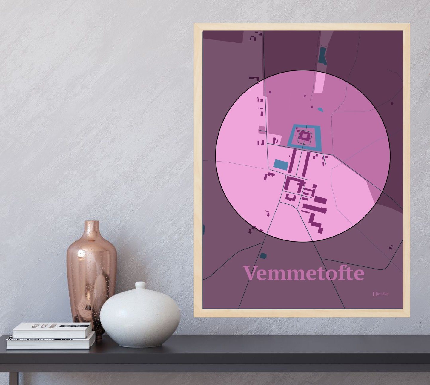 Vemmetofte plakat i farve  og HjemEgn.dk design centrum. Design bykort for Vemmetofte