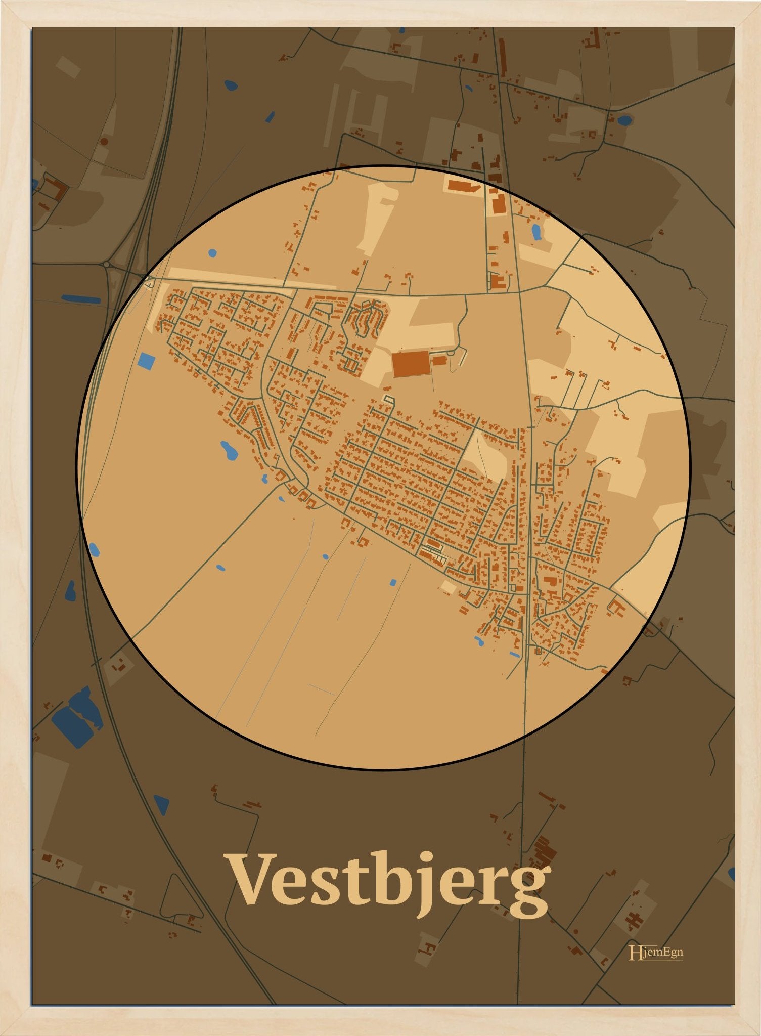 Vestbjerg plakat i farve pastel brun og HjemEgn.dk design centrum. Design bykort for Vestbjerg