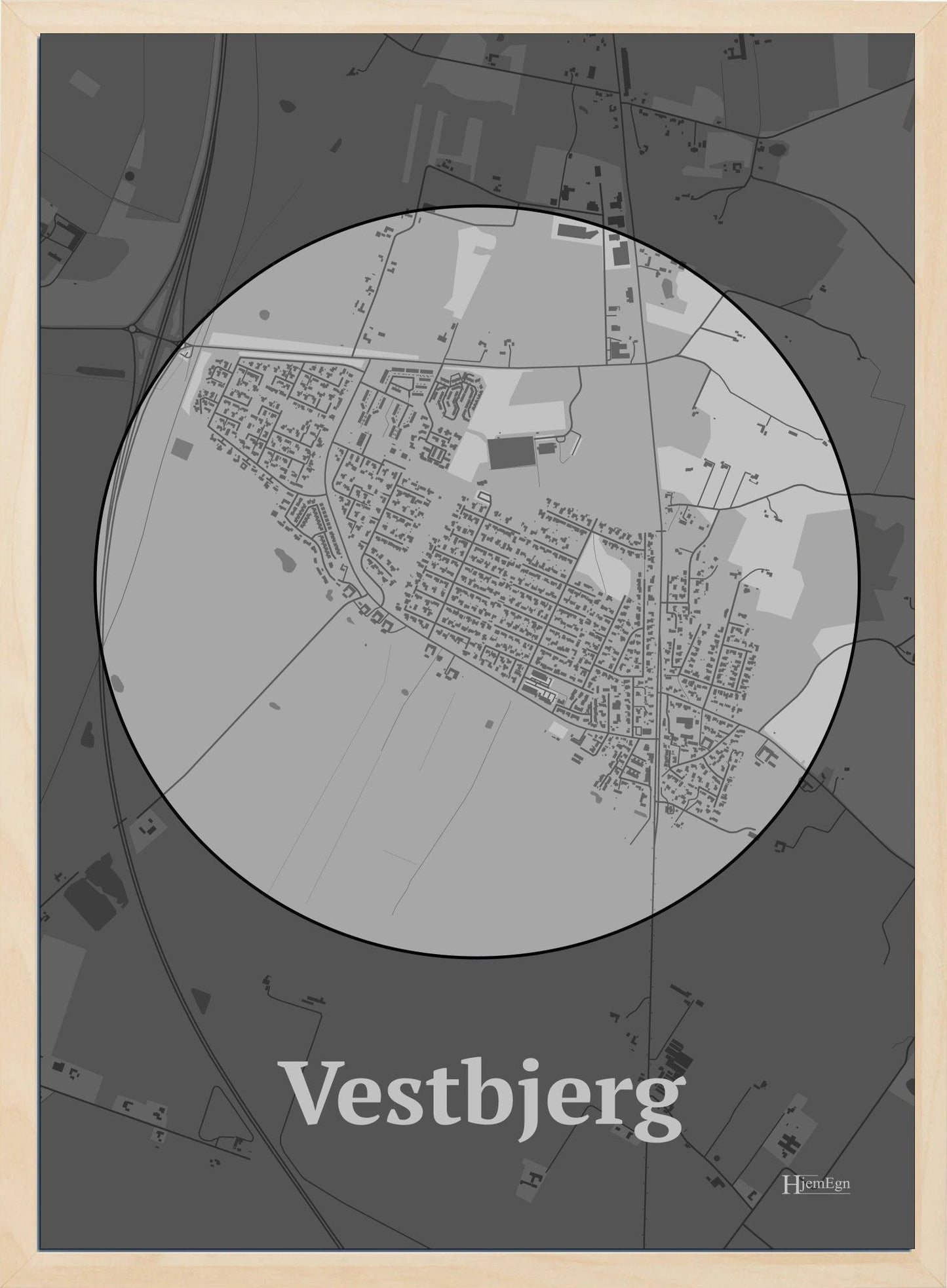 Vestbjerg plakat i farve pastel grå og HjemEgn.dk design centrum. Design bykort for Vestbjerg