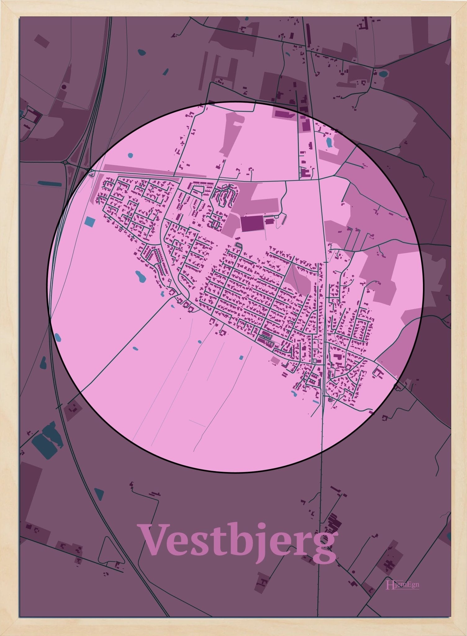 Vestbjerg plakat i farve pastel rød og HjemEgn.dk design centrum. Design bykort for Vestbjerg