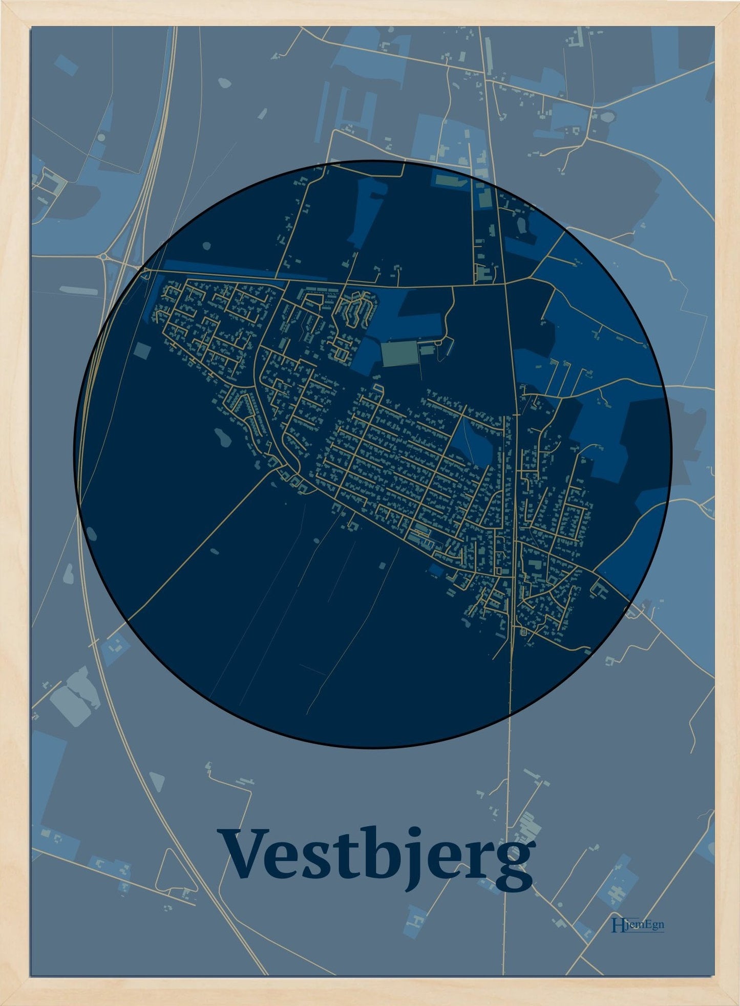 Vestbjerg plakat i farve mørk blå og HjemEgn.dk design centrum. Design bykort for Vestbjerg