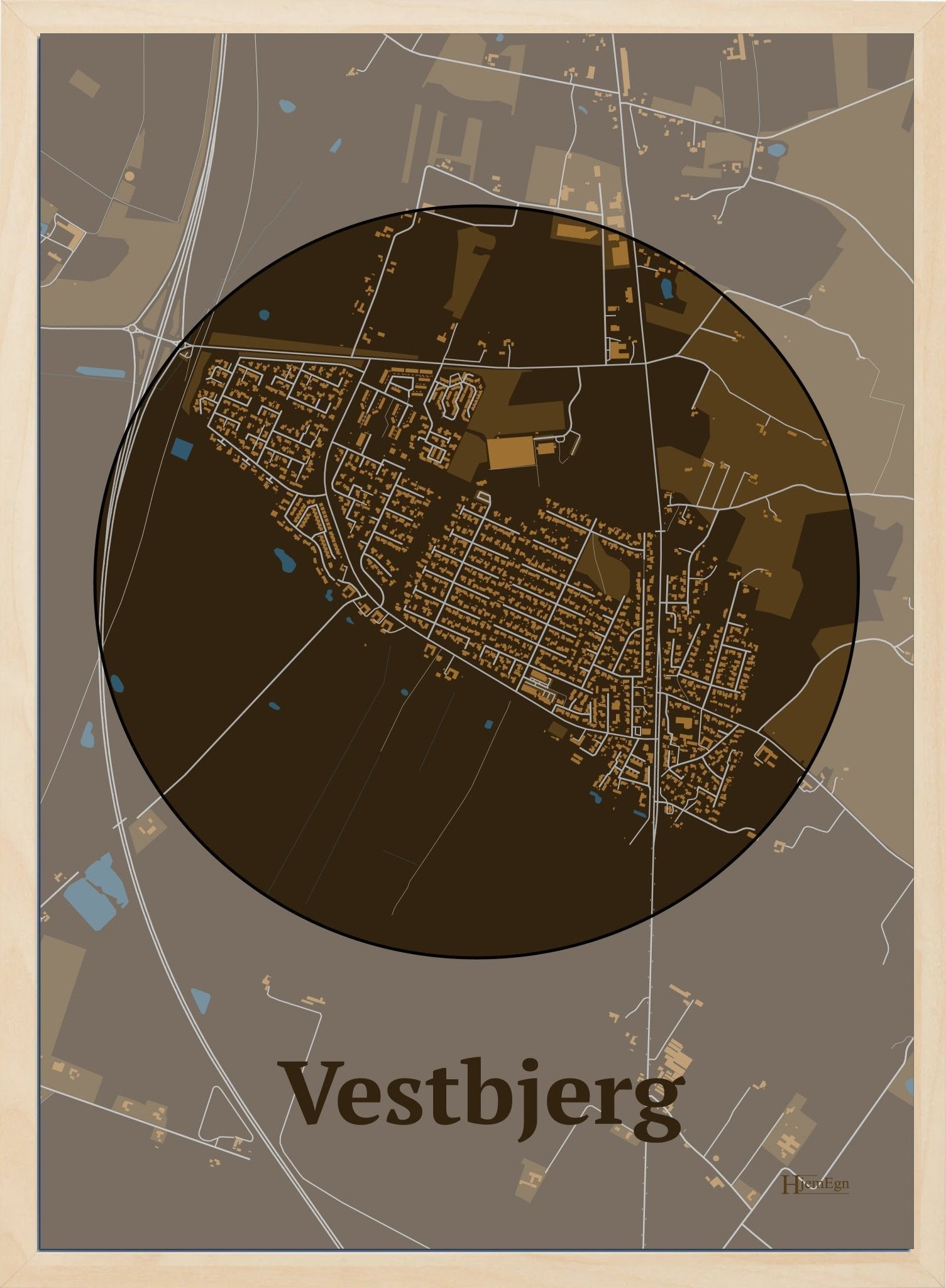 Vestbjerg plakat i farve mørk brun og HjemEgn.dk design centrum. Design bykort for Vestbjerg