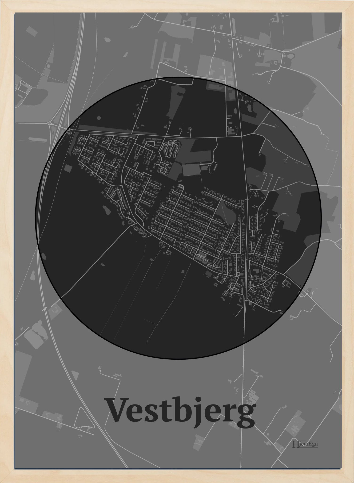 Vestbjerg plakat i farve mørk grå og HjemEgn.dk design centrum. Design bykort for Vestbjerg