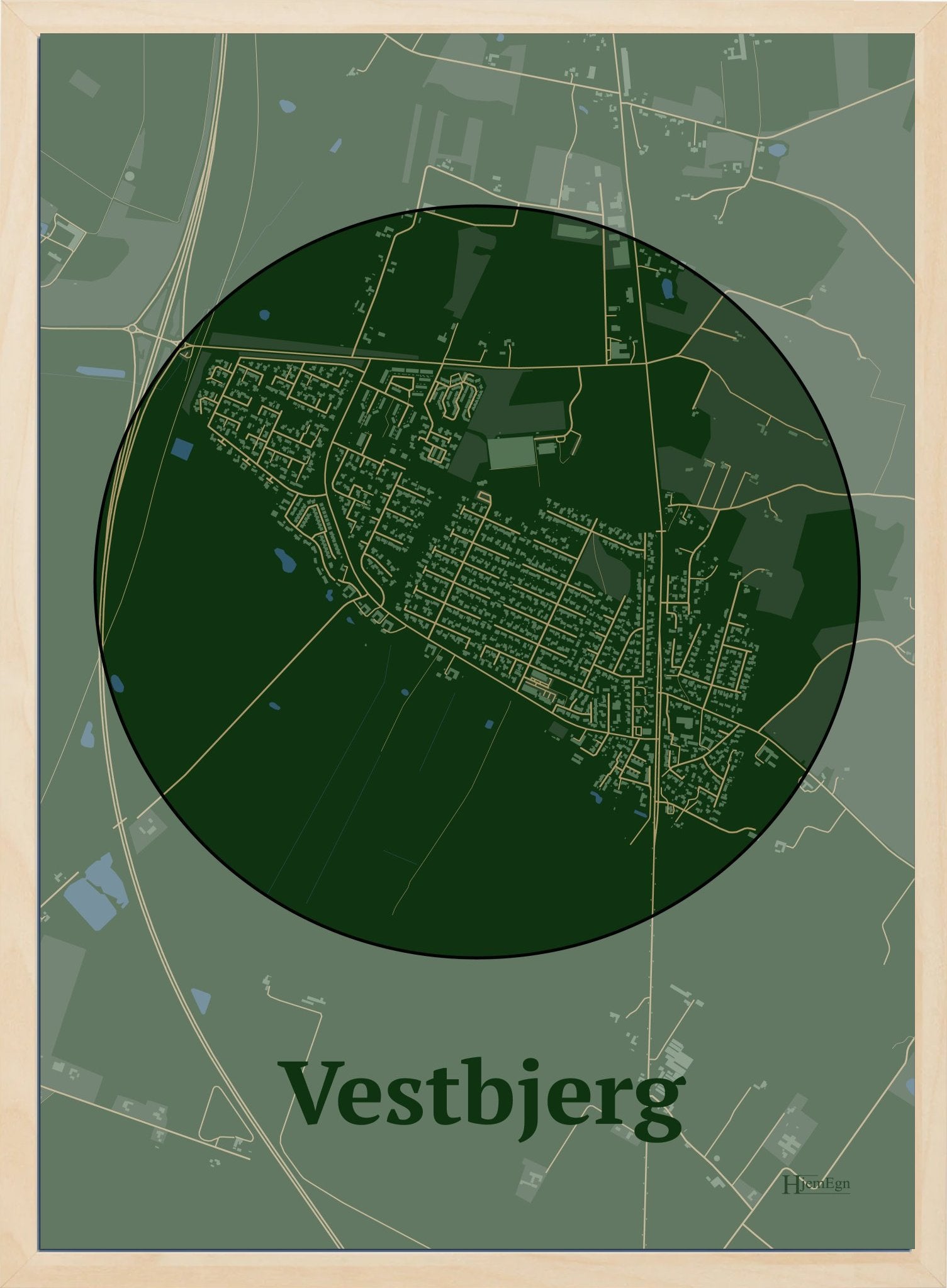Vestbjerg plakat i farve mørk grøn og HjemEgn.dk design centrum. Design bykort for Vestbjerg