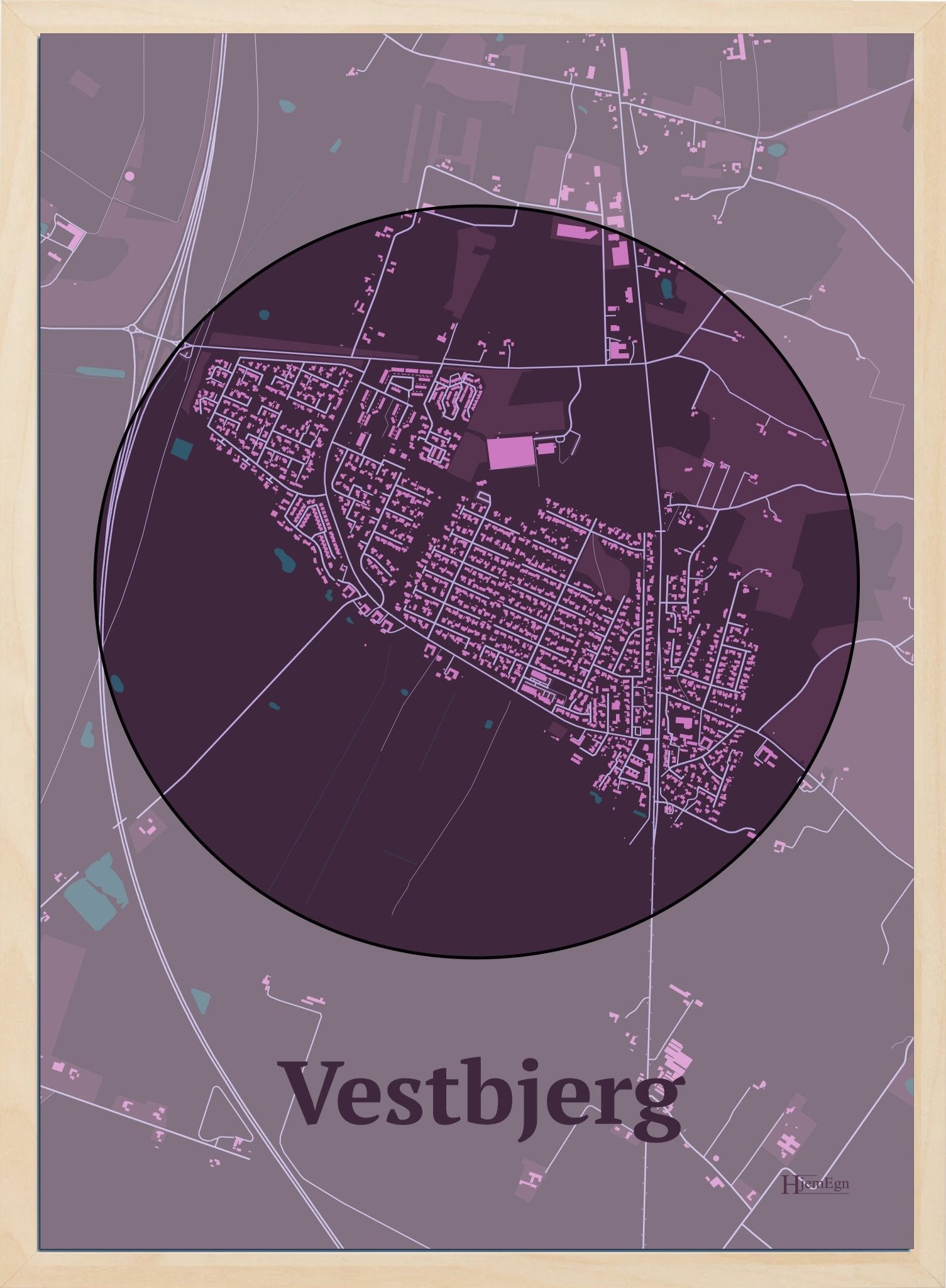 Vestbjerg plakat i farve mørk rød og HjemEgn.dk design centrum. Design bykort for Vestbjerg