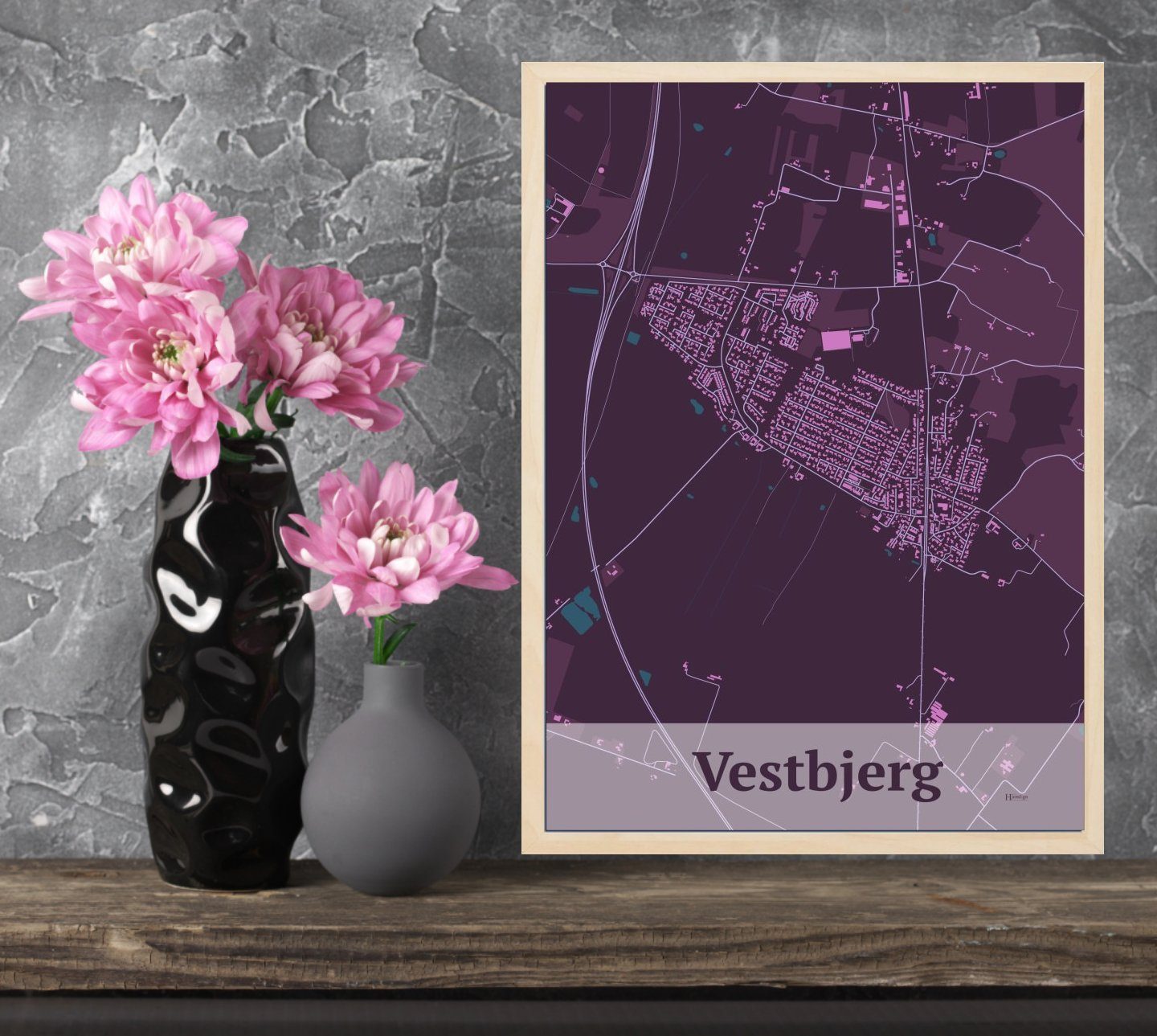 Vestbjerg plakat i farve  og HjemEgn.dk design firkantet. Design bykort for Vestbjerg
