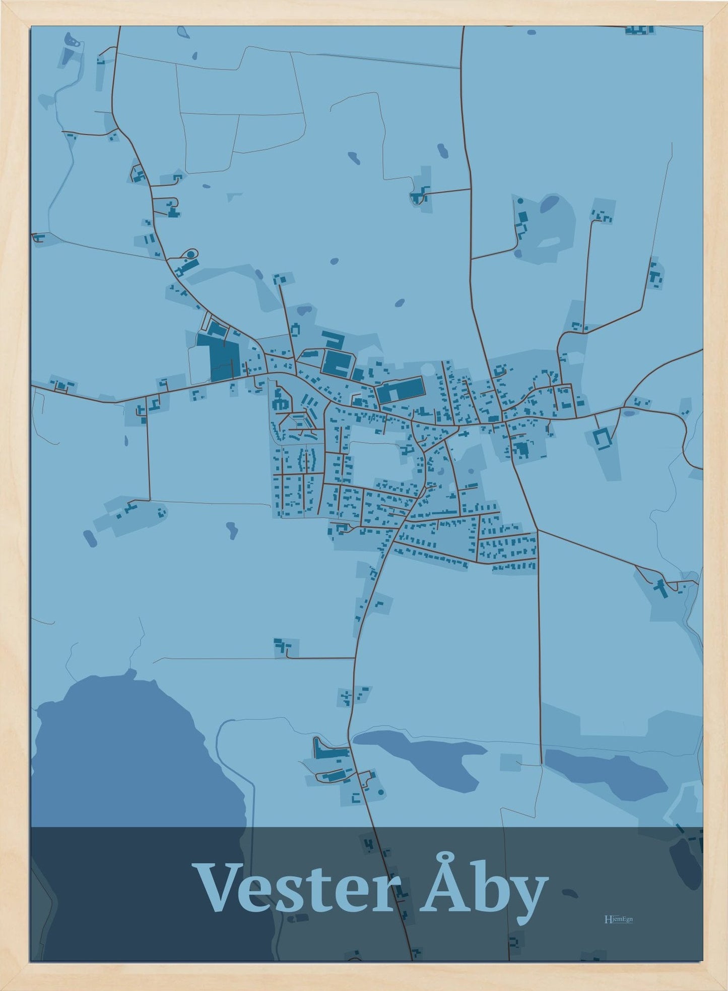 Vester Åby plakat i farve pastel blå og HjemEgn.dk design firkantet. Design bykort for Vester Åby
