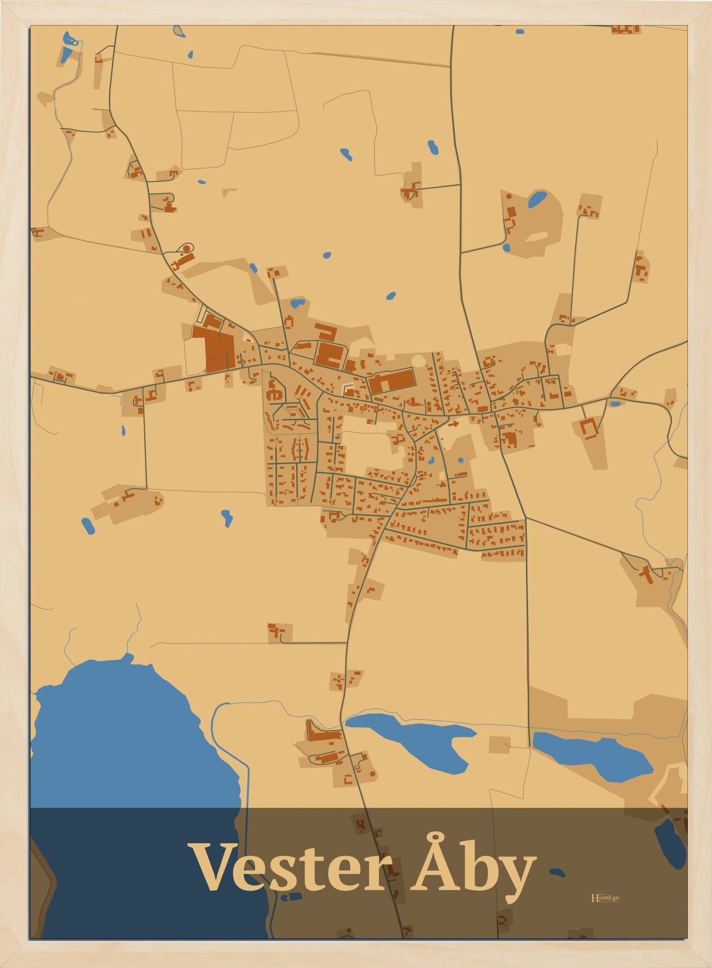 Vester Åby plakat i farve pastel brun og HjemEgn.dk design firkantet. Design bykort for Vester Åby