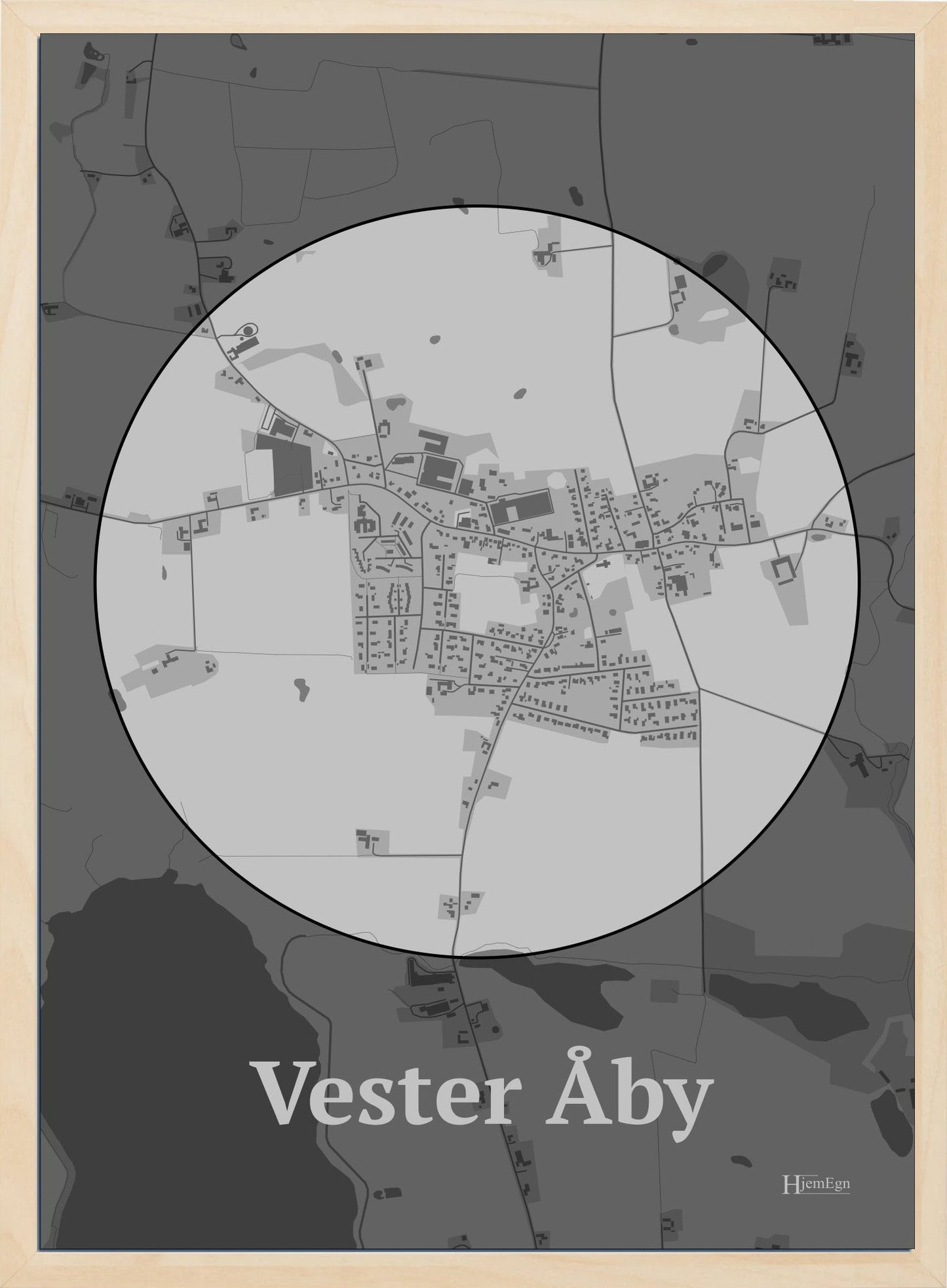 Vester Åby plakat i farve pastel grå og HjemEgn.dk design centrum. Design bykort for Vester Åby