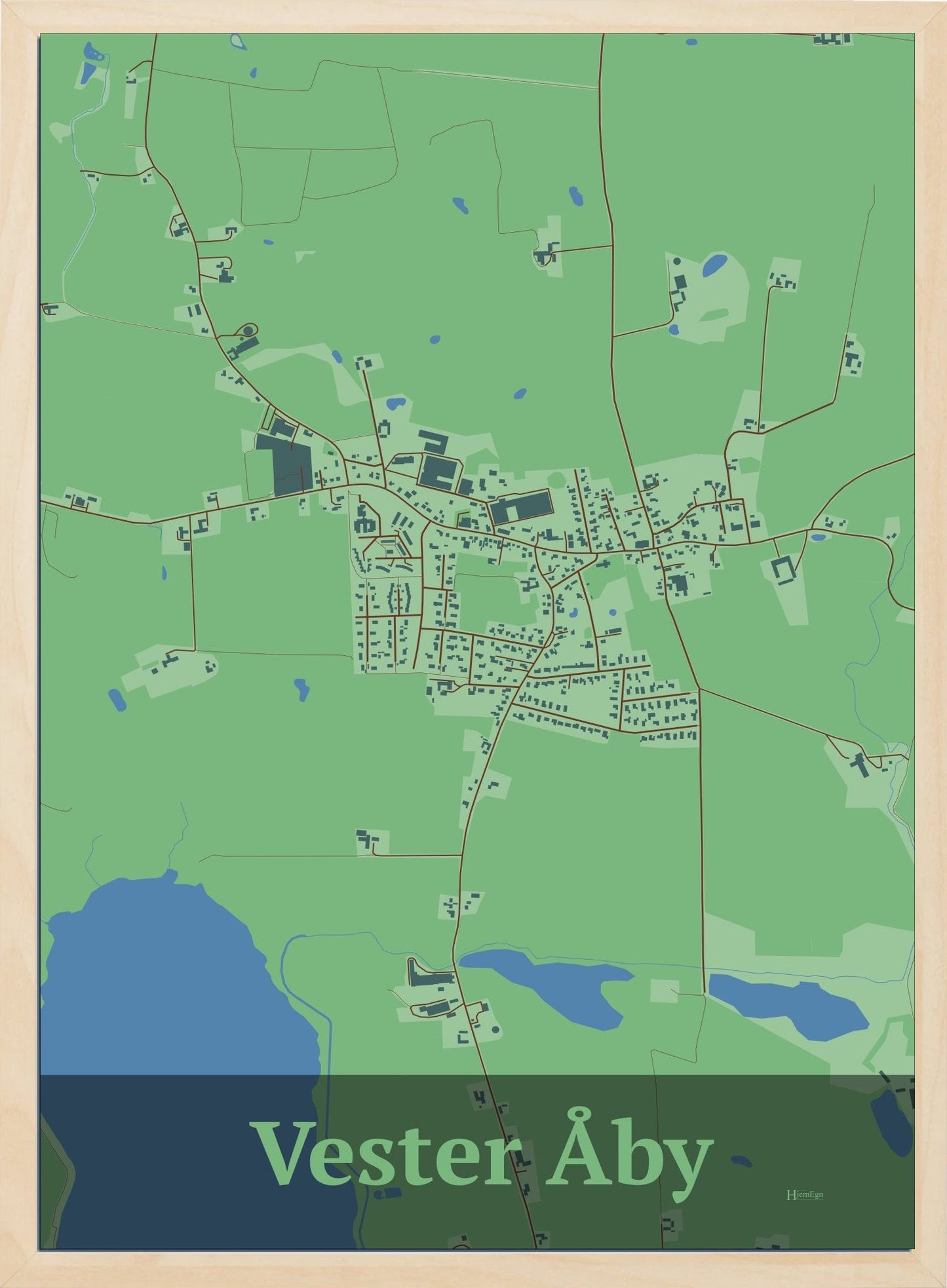 Vester Åby plakat i farve pastel grøn og HjemEgn.dk design firkantet. Design bykort for Vester Åby