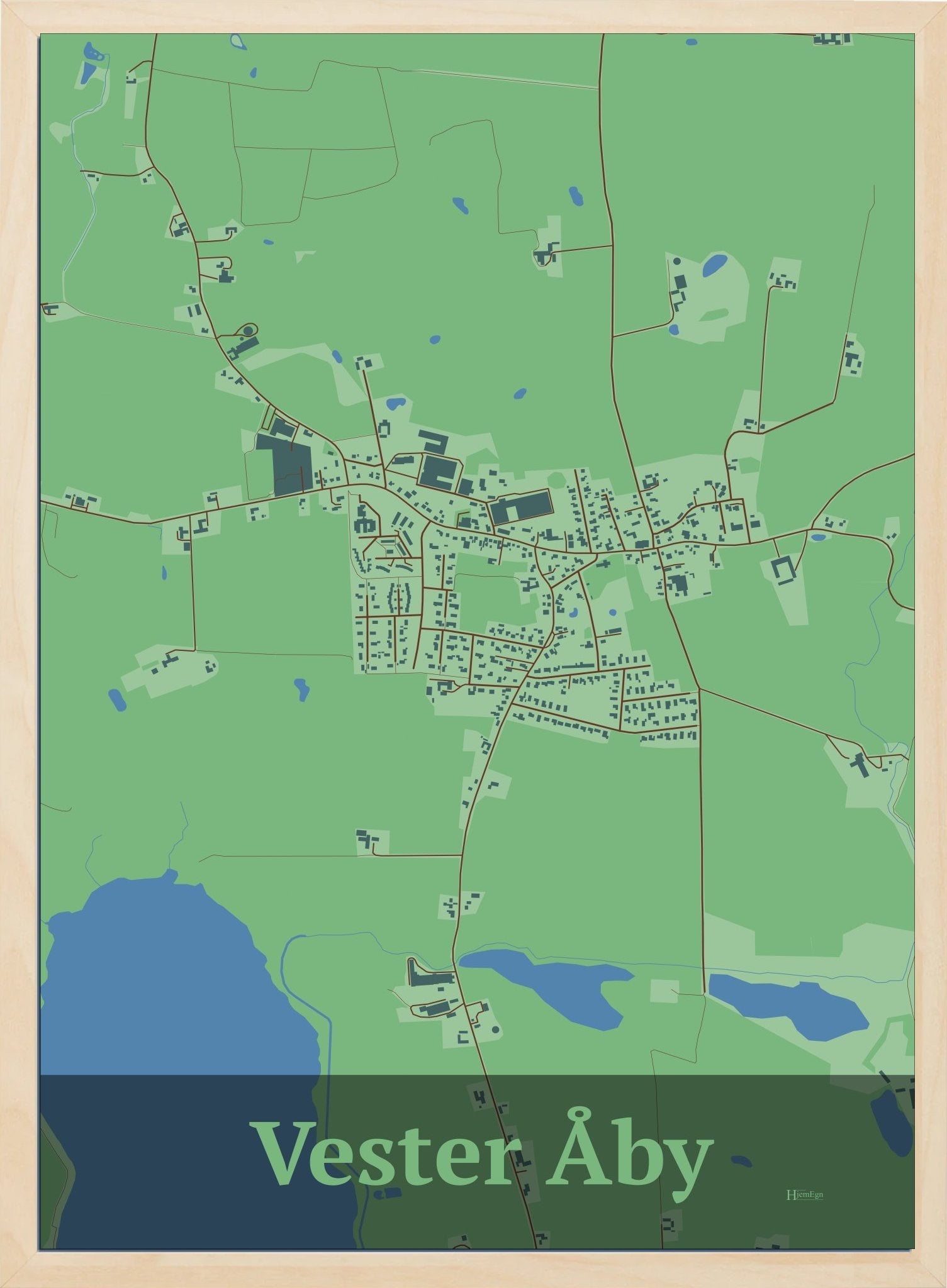 Vester Åby plakat i farve pastel grøn og HjemEgn.dk design firkantet. Design bykort for Vester Åby